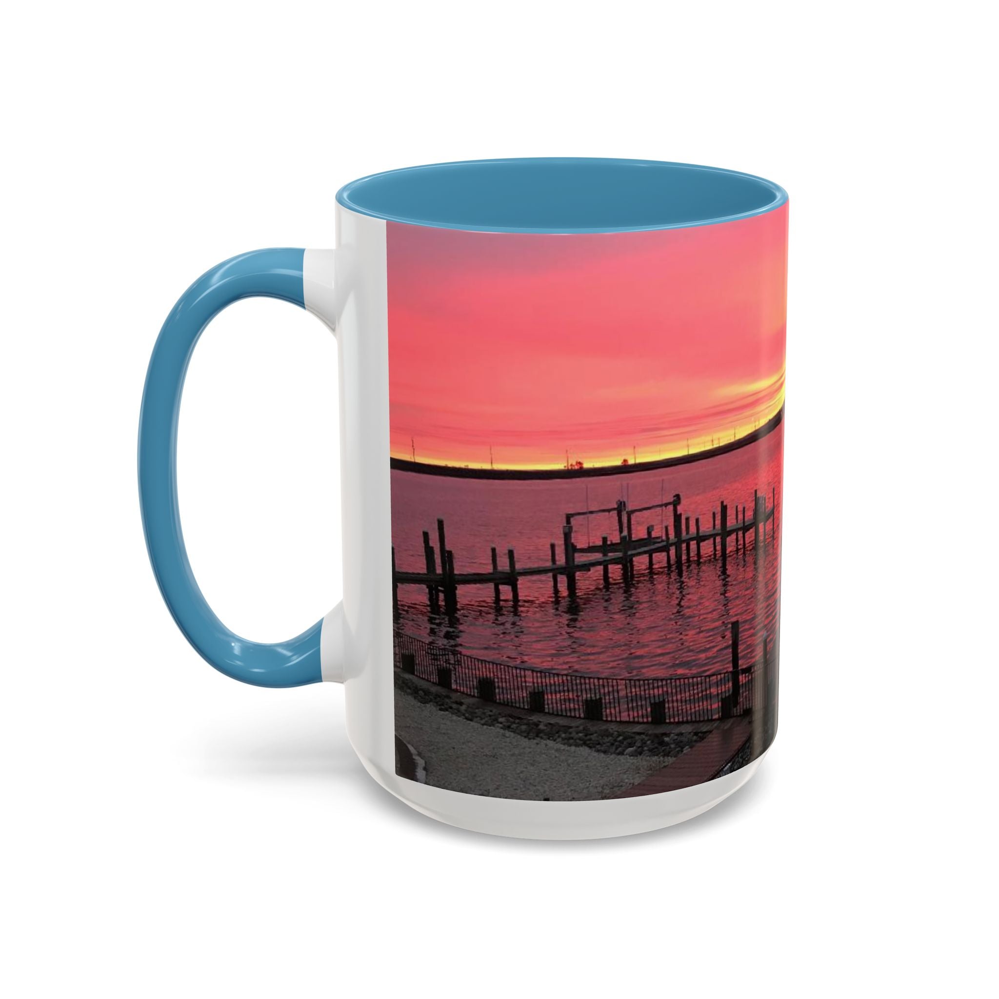 Sunset Harbor Accent Coffee Mug — Pink Sunrise Dock Scene (11/15oz)