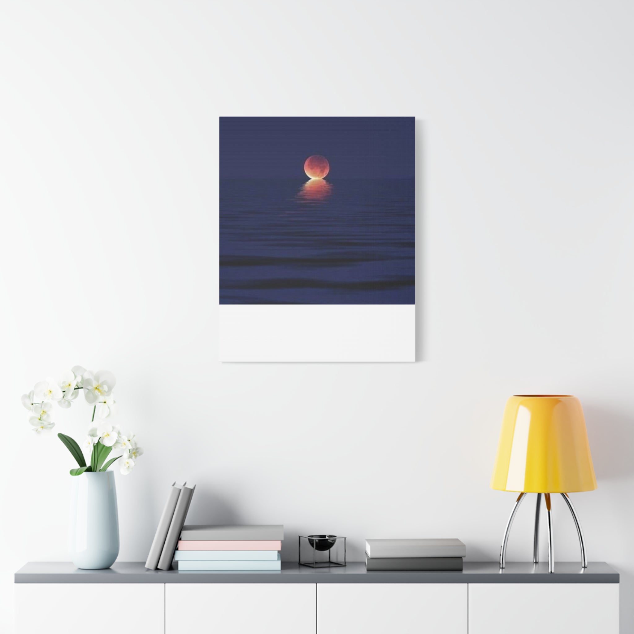 Lunar Reflection Canvas Art — Moonrise Over Calm Sea Stretched Matte Wall Art