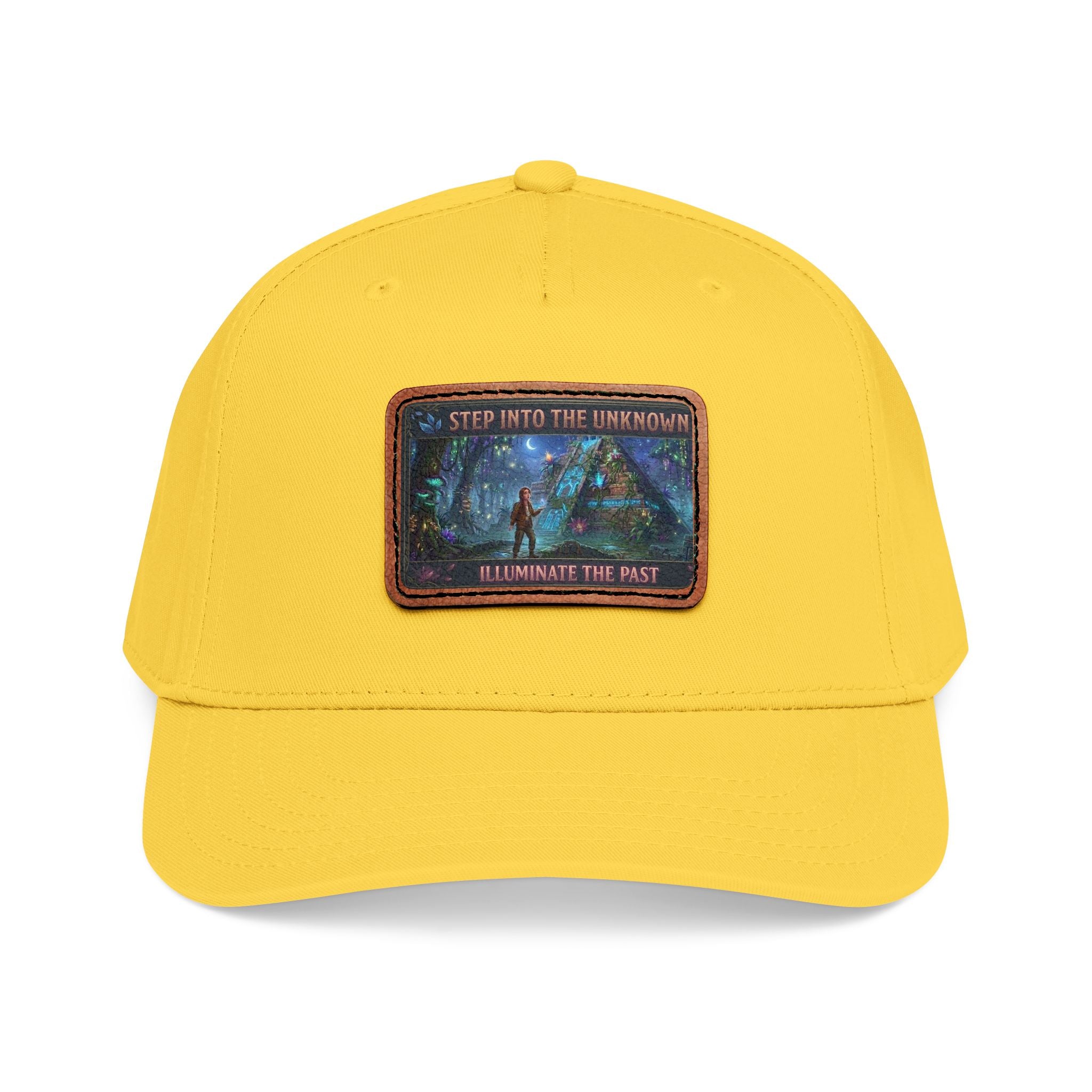 Leather Patch Baseball Cap — "Step Into the Unknown, Illuminate the Past" Forest Adventure Design