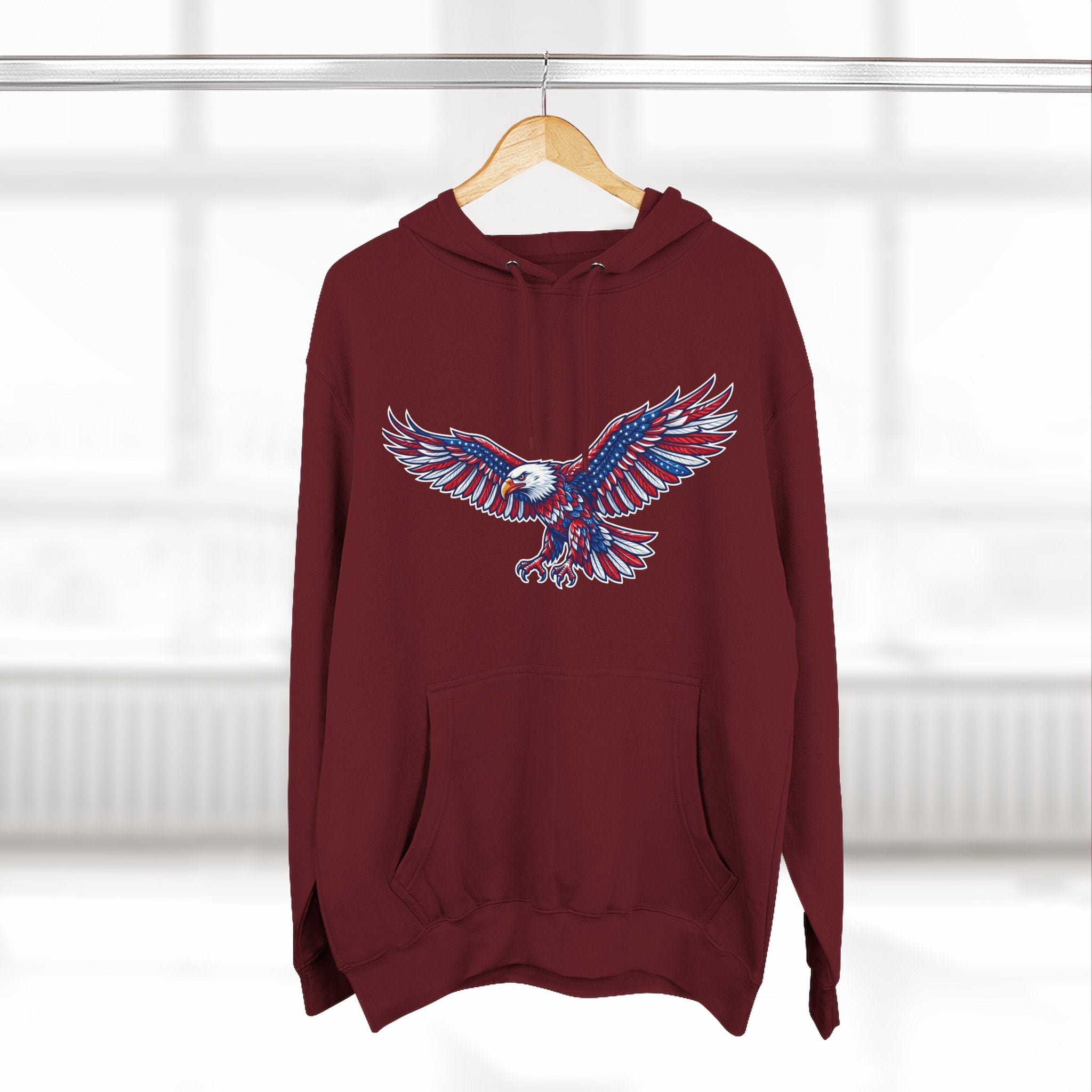 Eagle Flight Hoodie — Patriotic Red & Blue Soaring Eagle Graphic