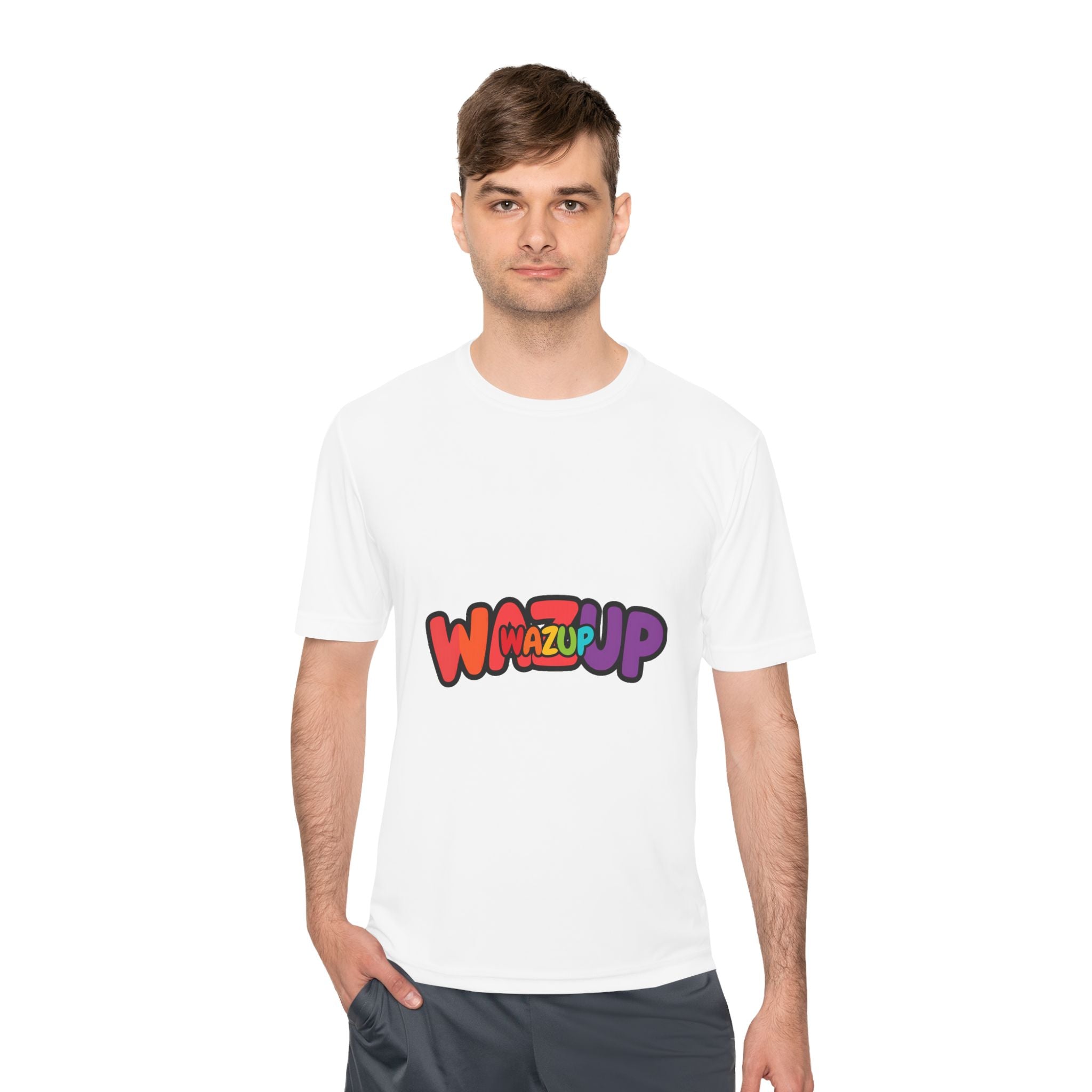 Wazup Colorblock Graphic Tee — Retro Pop 'Wazup' Moisture-Wicking Shirt