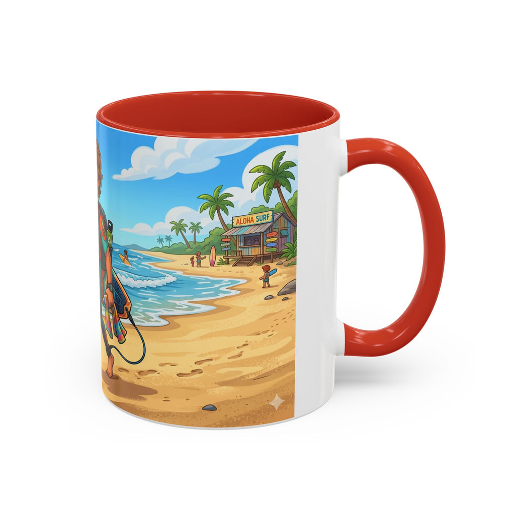 Surf Beach Coffee Mug — Cute Surfer Cartoon Design, 11/15oz Accent Mug