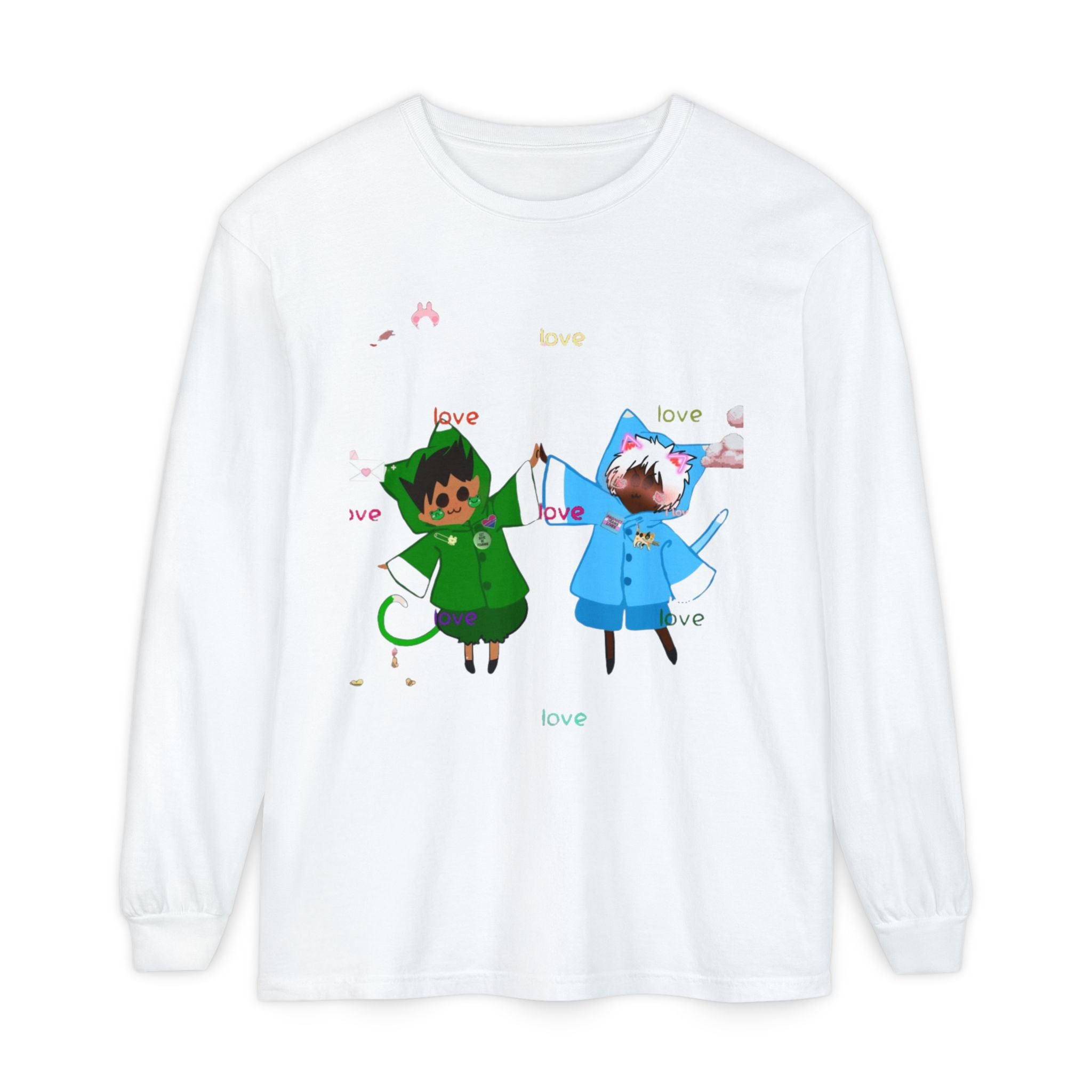 Cute Rainbow Cats Holding Hands Long Sleeve Tee – "Love" Graphic