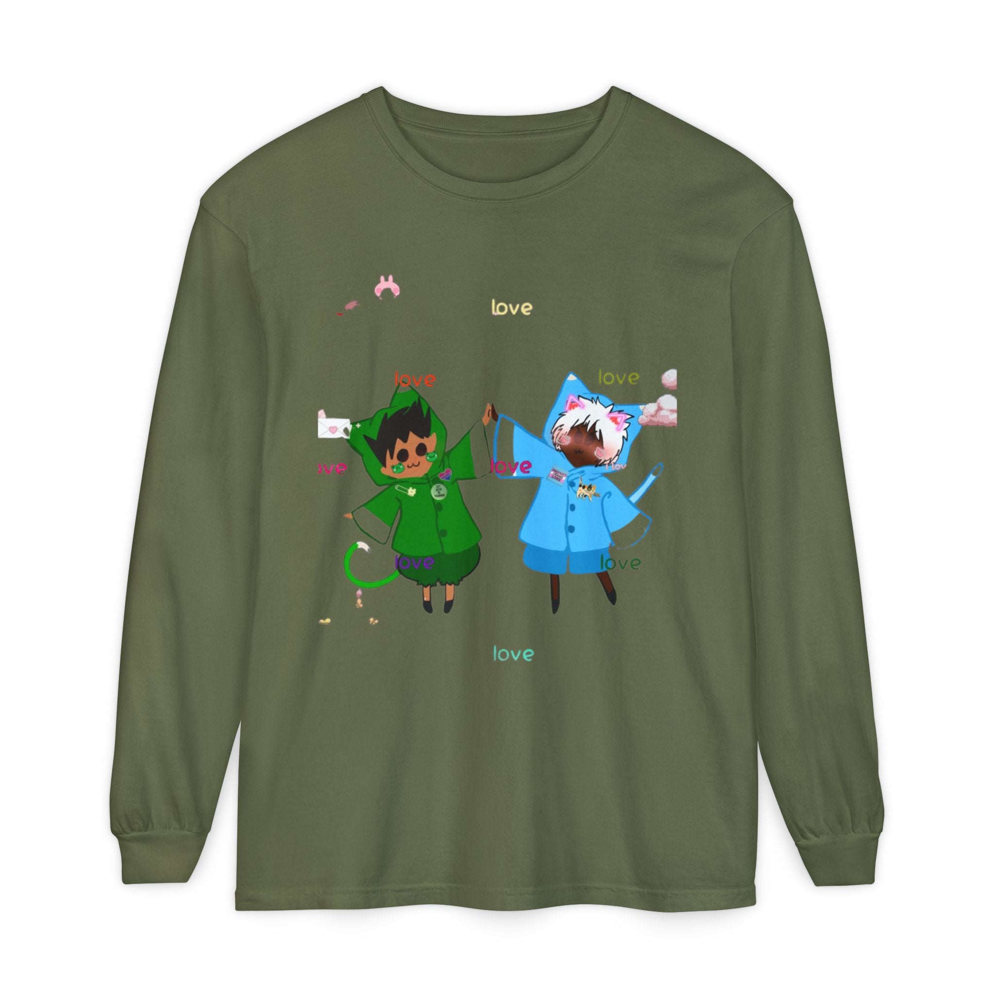 Cute Rainbow Cats Holding Hands Long Sleeve Tee – "Love" Graphic