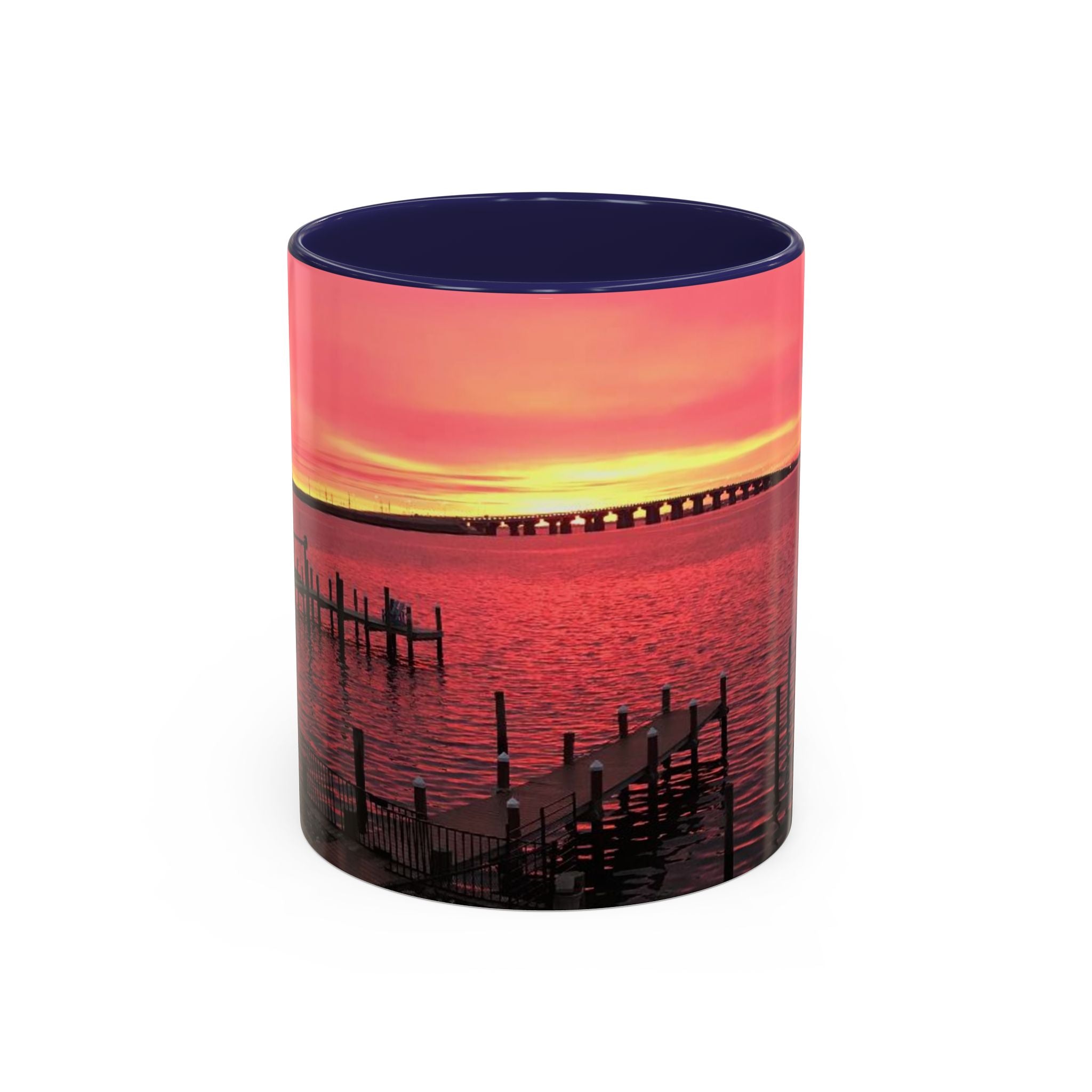 Sunset Harbor Accent Coffee Mug — Pink Sunrise Dock Scene (11/15oz)