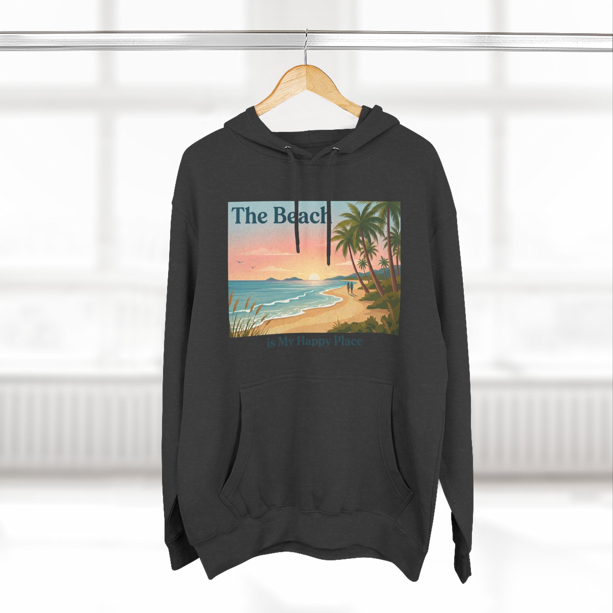 Beach Sunset Hoodie – "The Beach is My Happy Place" Coastal Palm Pullover