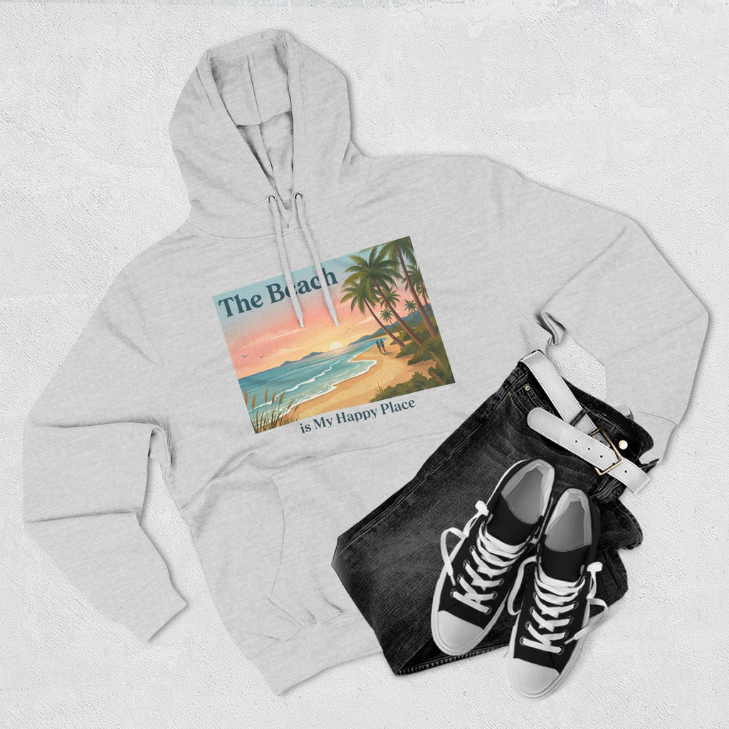 Beach Sunset Hoodie – "The Beach is My Happy Place" Coastal Palm Pullover
