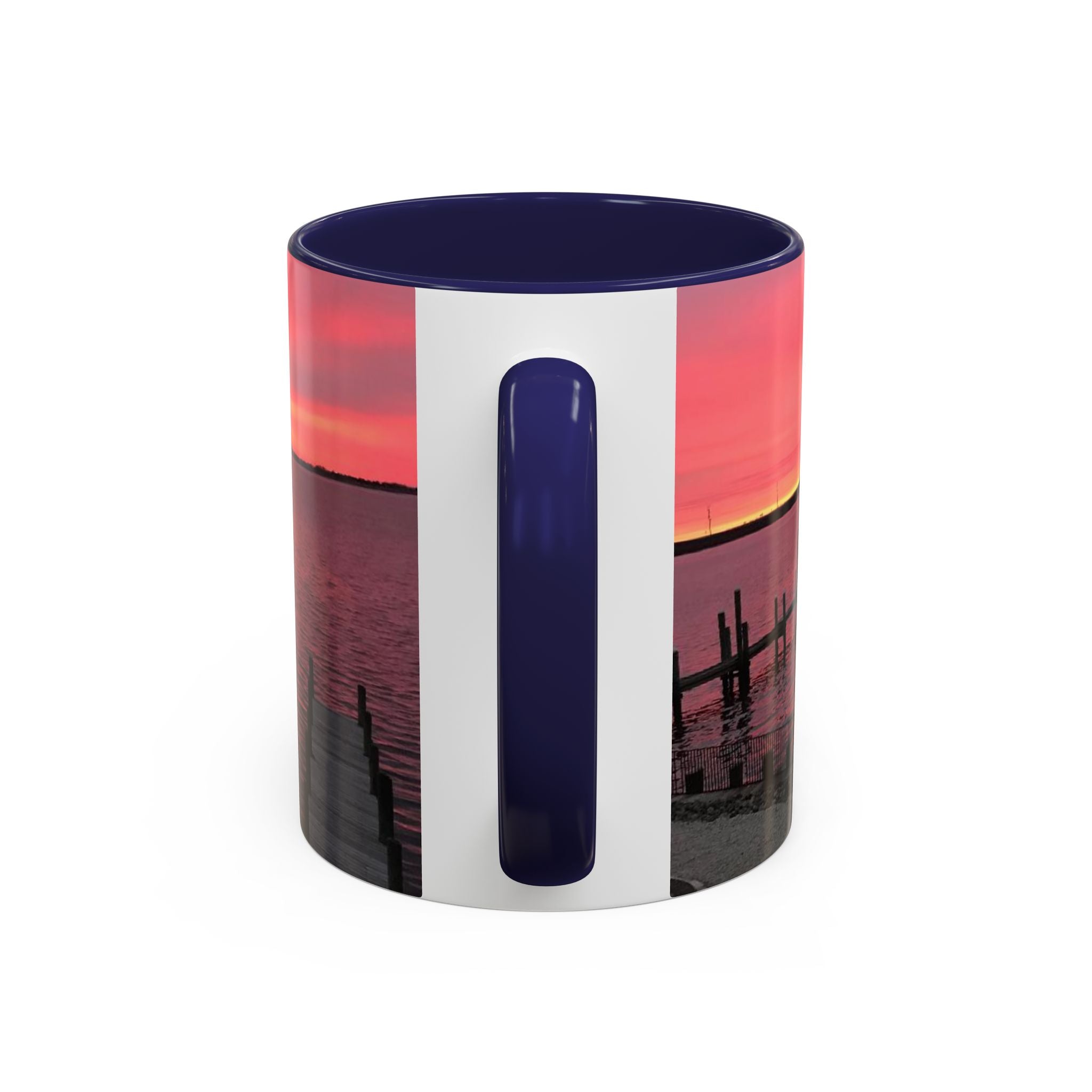 Sunset Harbor Accent Coffee Mug — Pink Sunrise Dock Scene (11/15oz)
