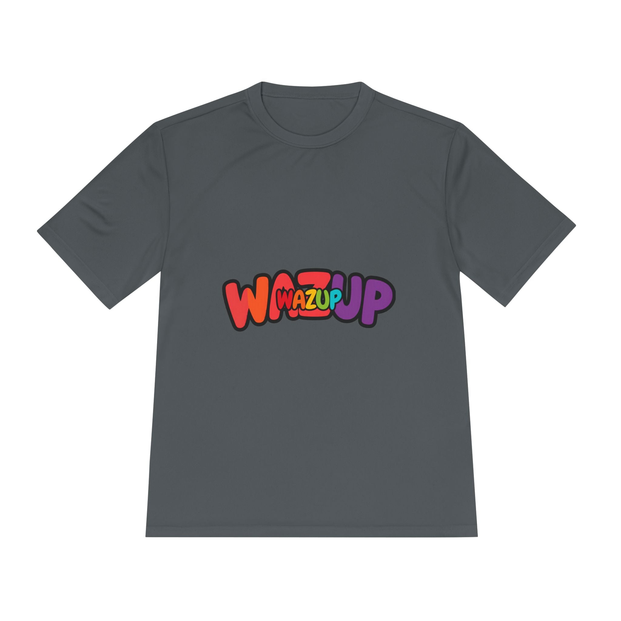 Wazup Colorblock Graphic Tee — Retro Pop 'Wazup' Moisture-Wicking Shirt