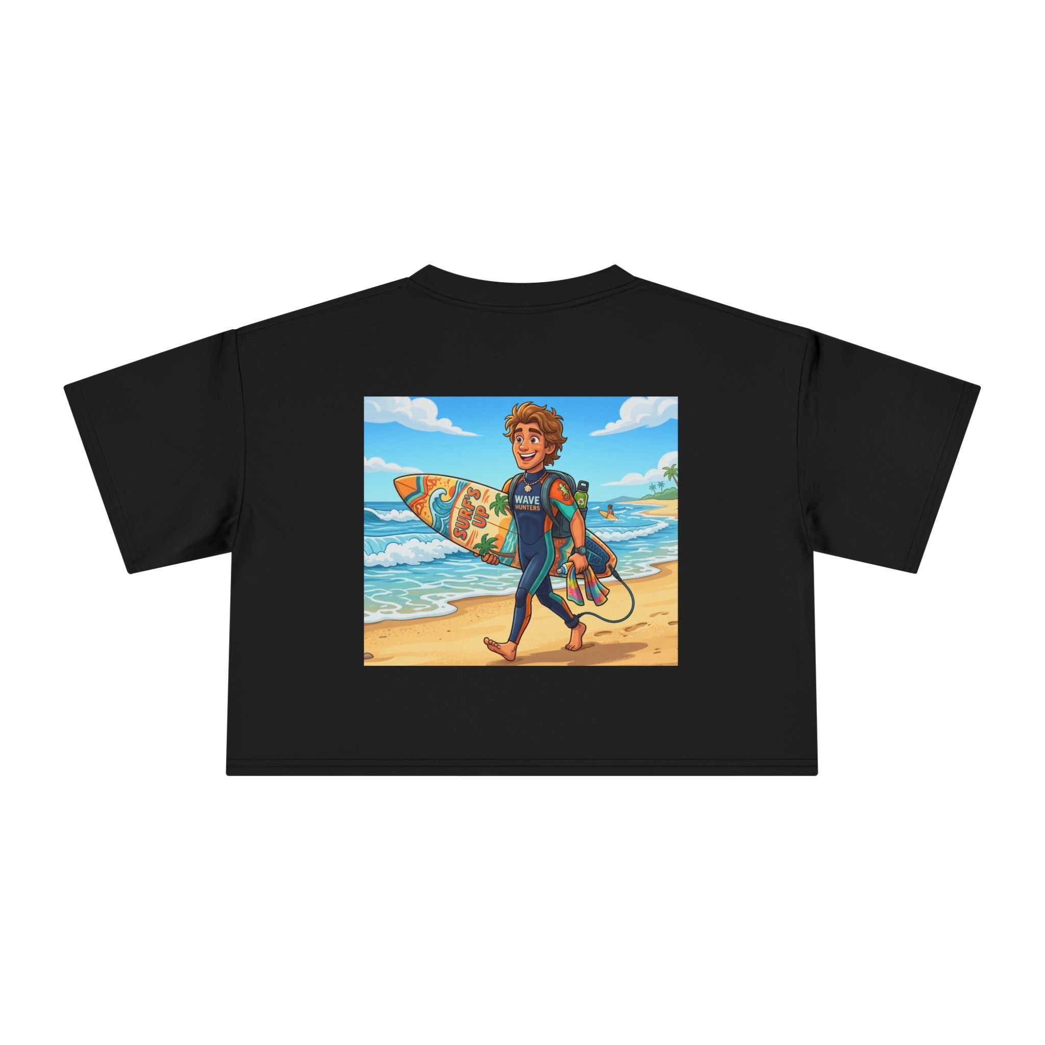 Surf Girl Crop Tee — Colorful Cartoon Surfer Beach Graphic