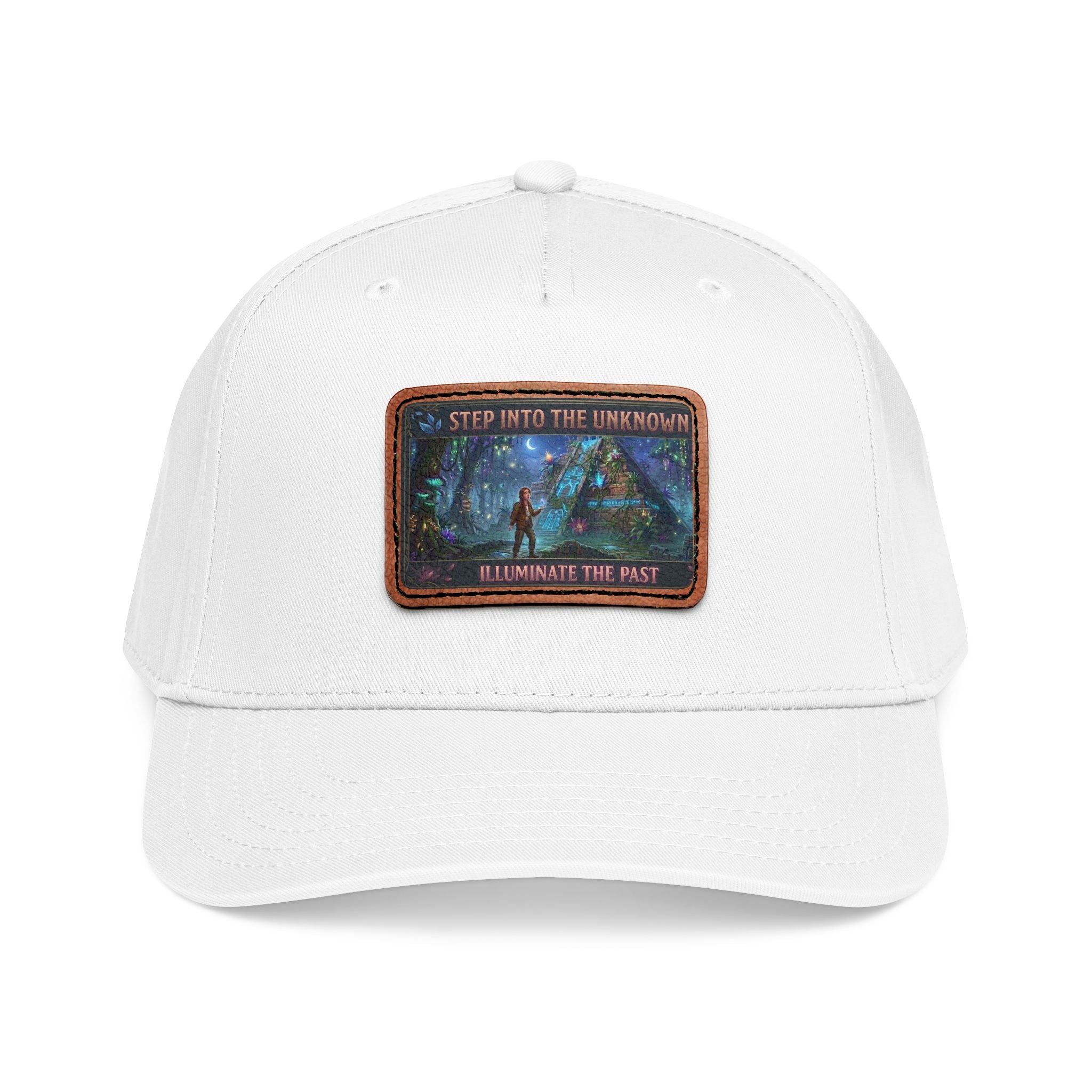 Leather Patch Baseball Cap — "Step Into the Unknown, Illuminate the Past" Forest Adventure Design