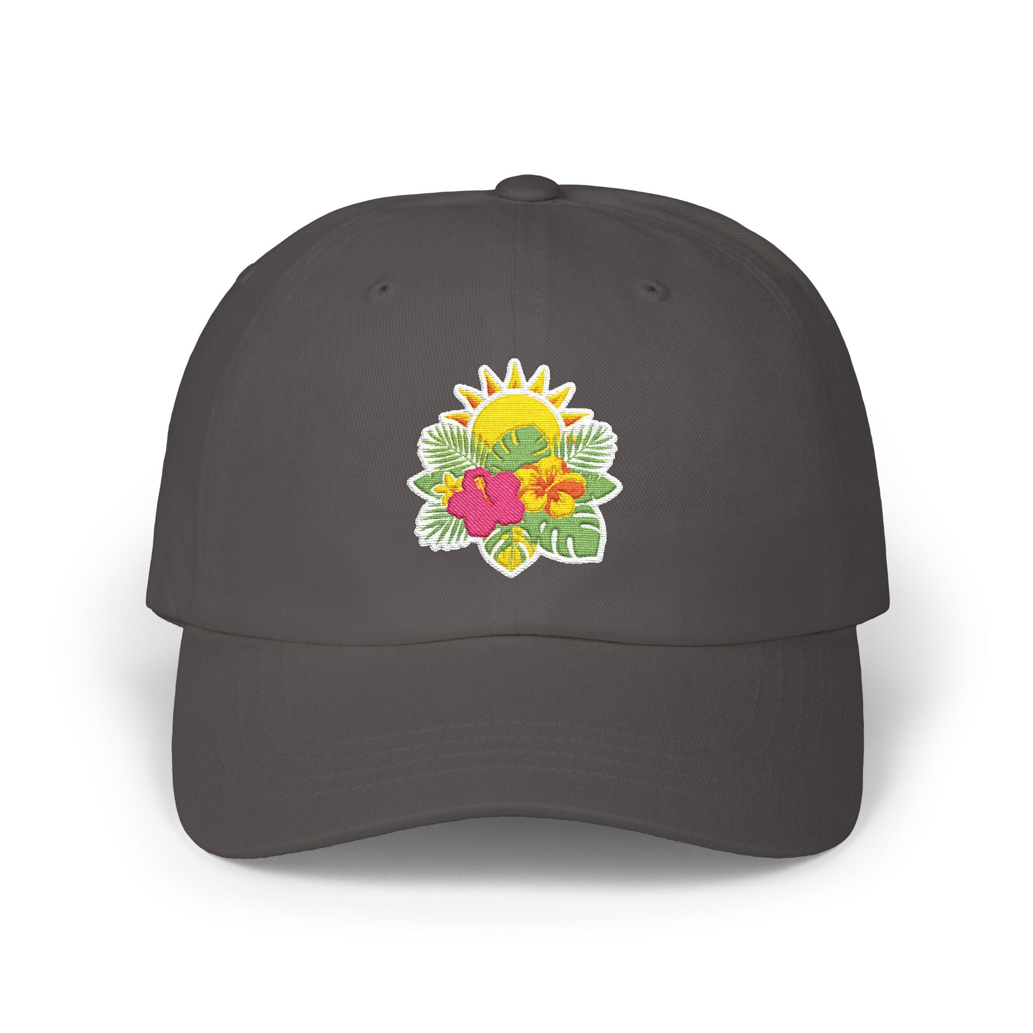 Floral Sunburst Dad Cap — Embroidered Sun & Hibiscus Baseball Hat