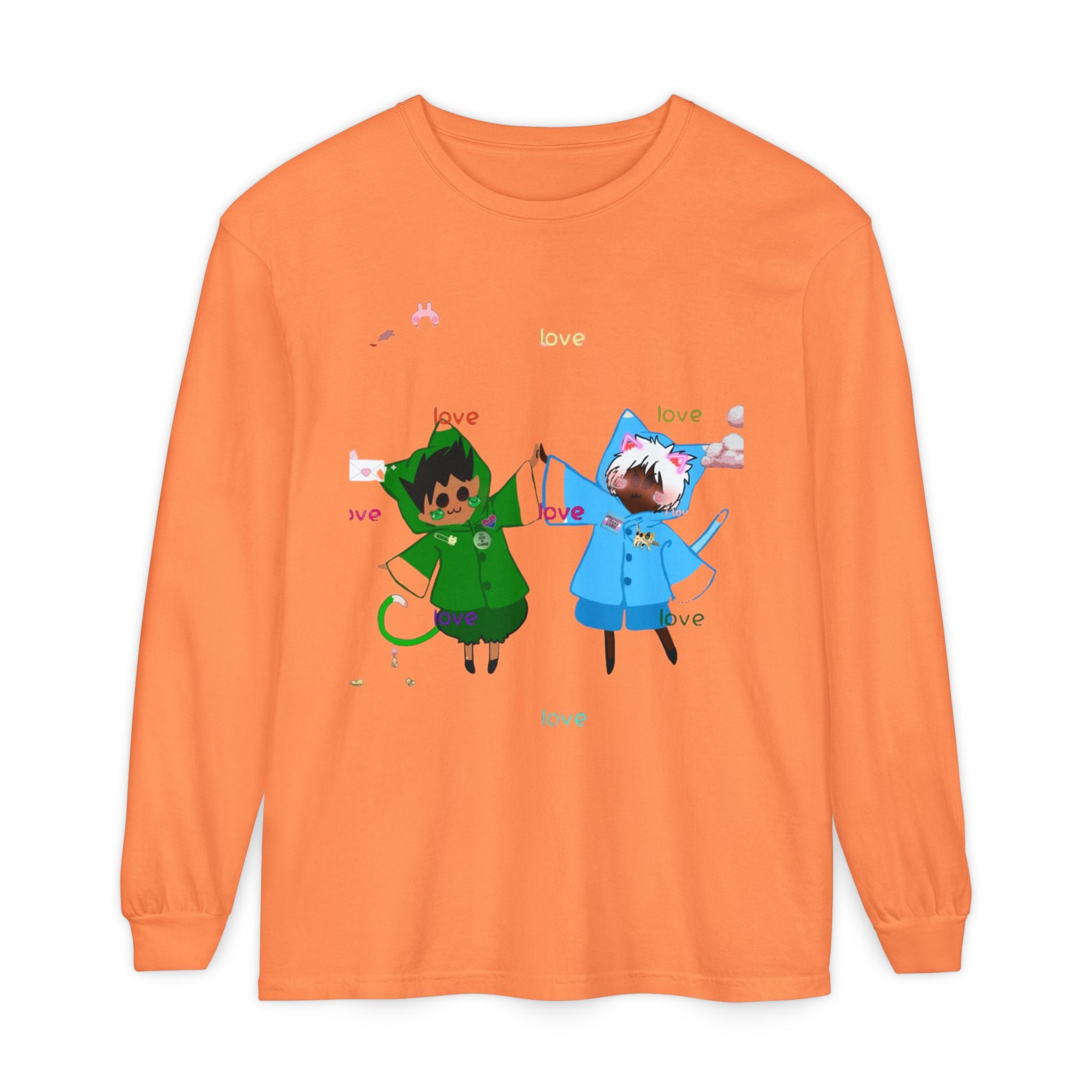 Cute Rainbow Cats Holding Hands Long Sleeve Tee – "Love" Graphic
