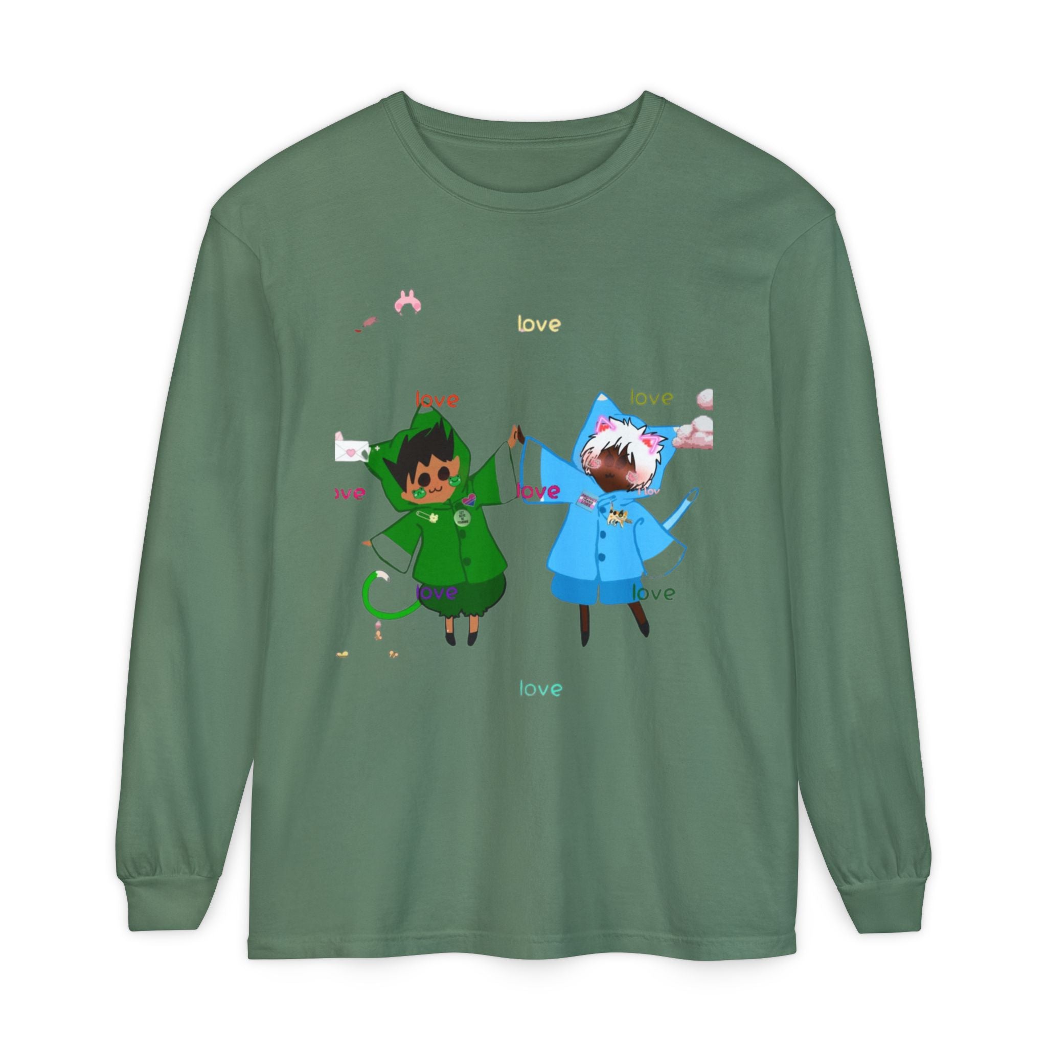 Cute Rainbow Cats Holding Hands Long Sleeve Tee – "Love" Graphic