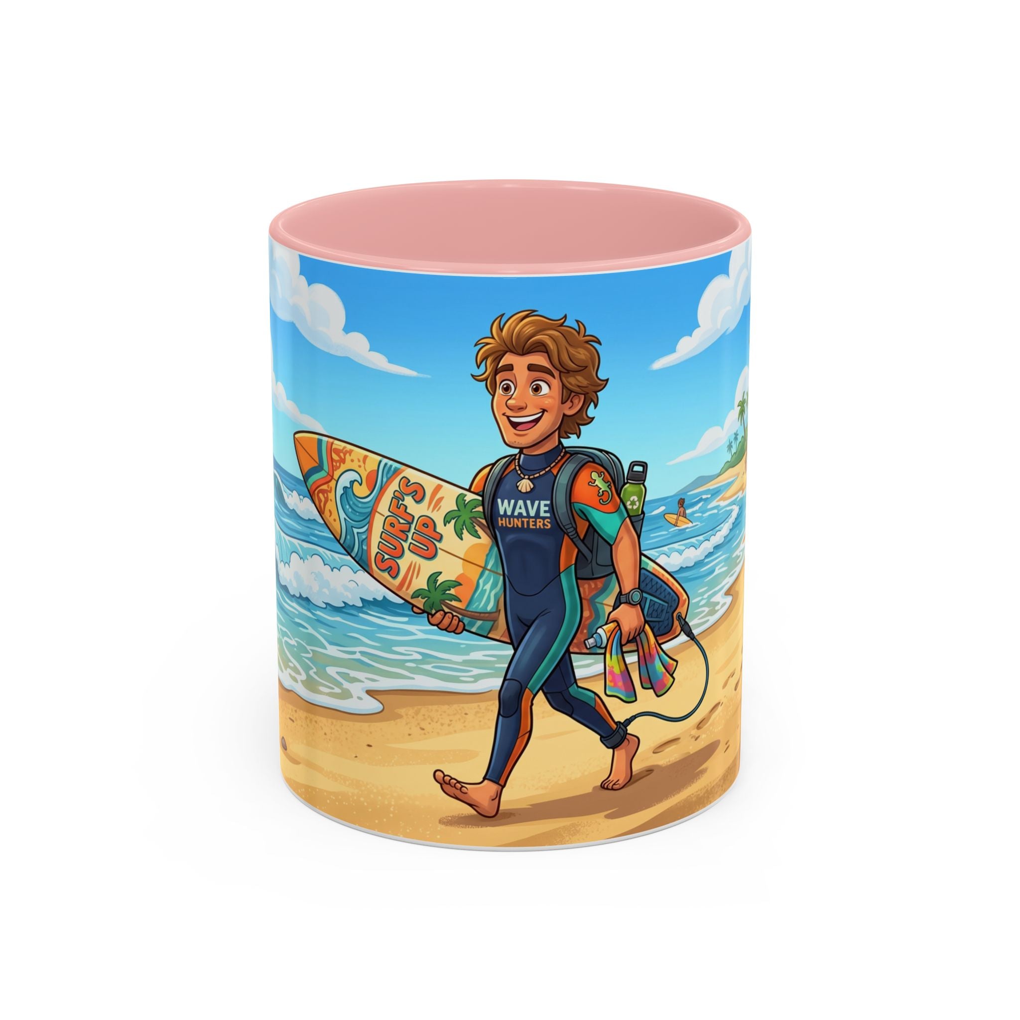 Surf Beach Coffee Mug — Cute Surfer Cartoon Design, 11/15oz Accent Mug