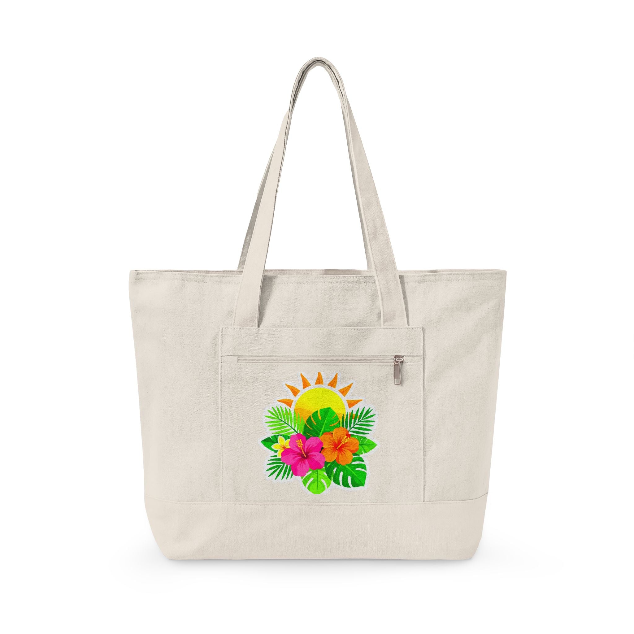 Tropical Sunrise Canvas Tote Bag — Zippered Beach Tote with Hibiscus & Palm Design