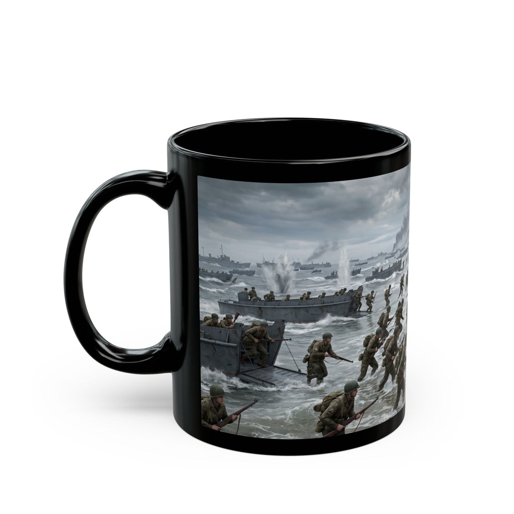 D-Day Invasion Black Mug — World War II Beach Assault Scene (11oz/15oz)