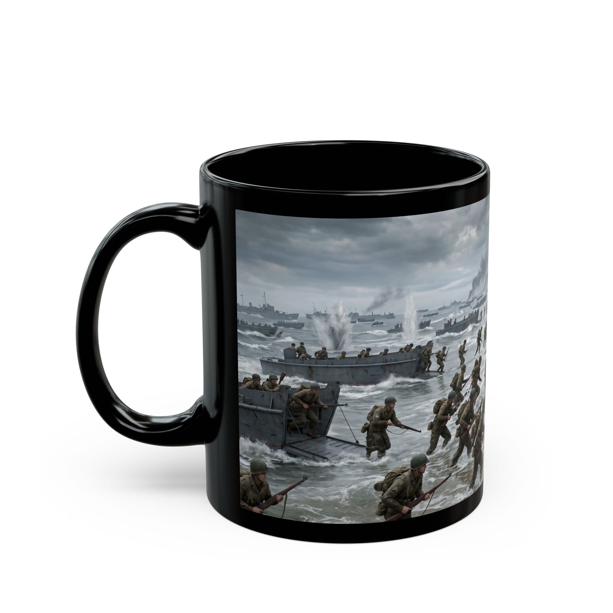 D-Day Invasion Black Mug — World War II Beach Assault Scene (11oz/15oz)