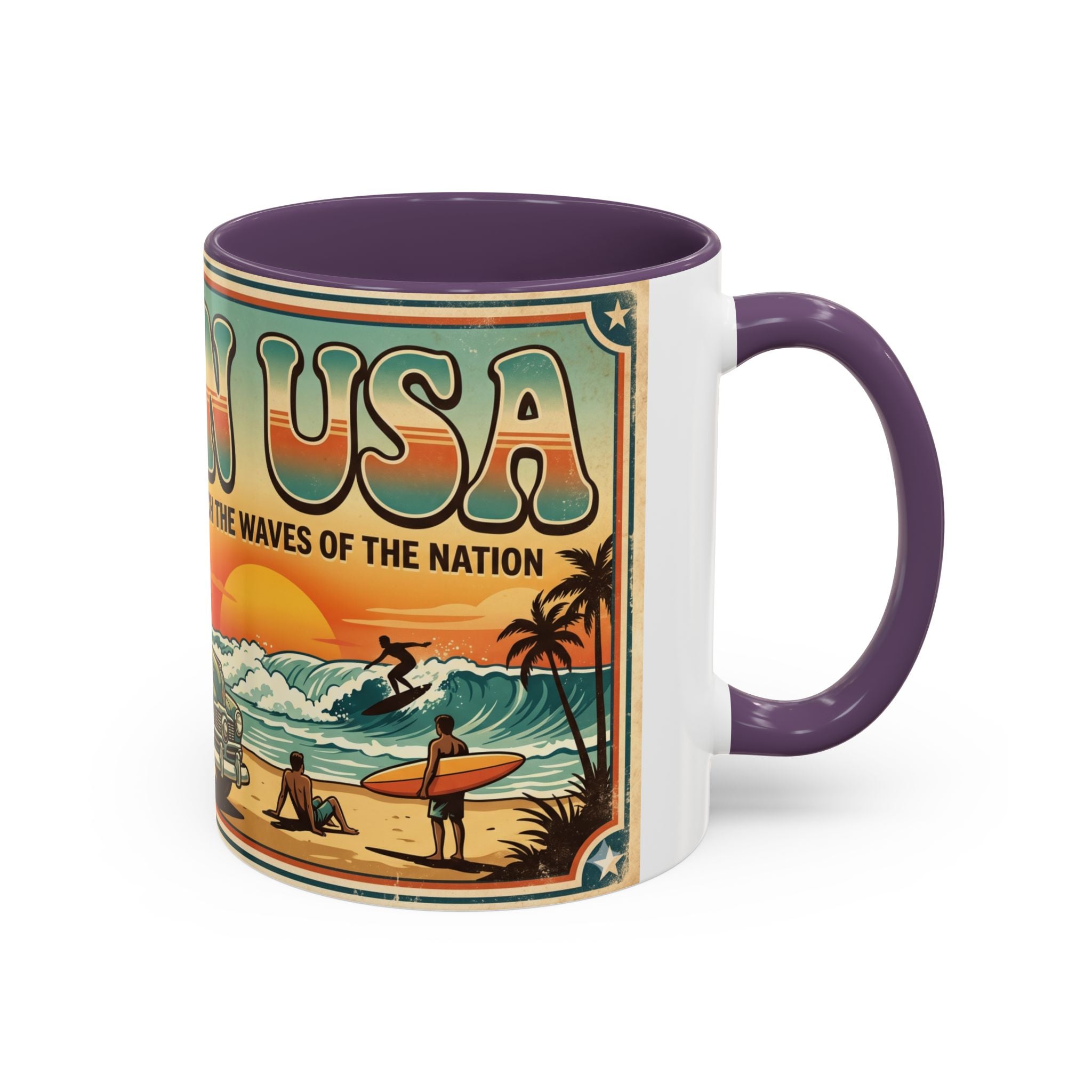 Surfing USA Coffee Mug — Retro Beach Vintage Surfboard Sunset Design