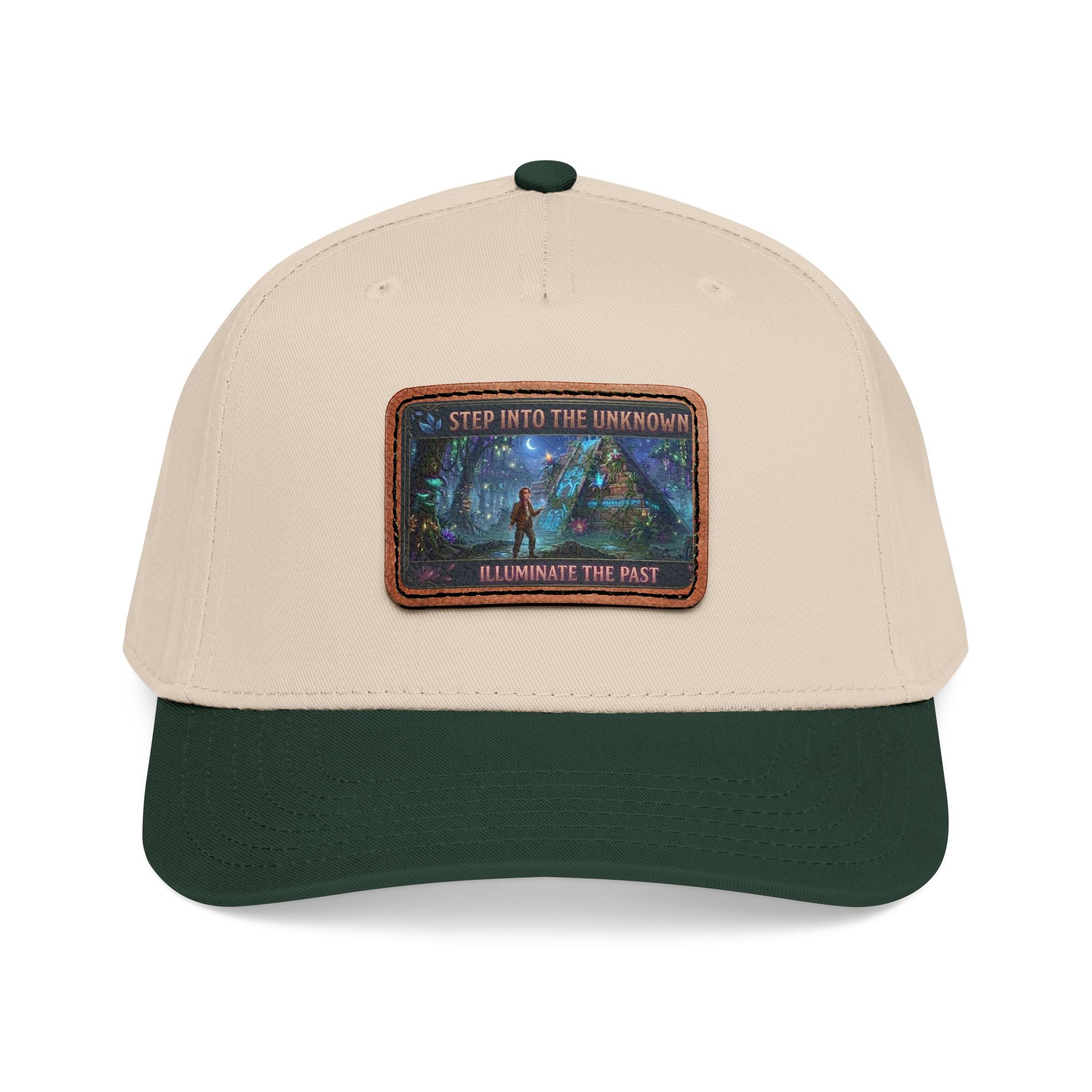 Leather Patch Baseball Cap — "Step Into the Unknown, Illuminate the Past" Forest Adventure Design