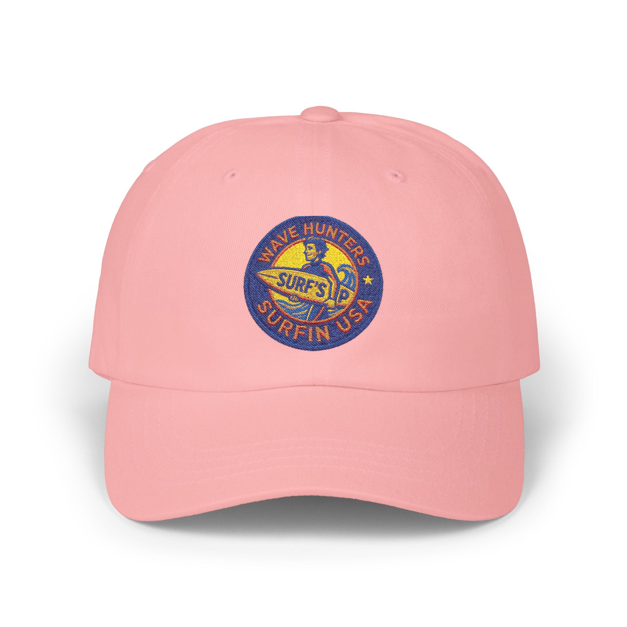 Dad Cap — Retro Surf Patch “Wave Hunter Surfin USA” Embroidered Baseball Hat