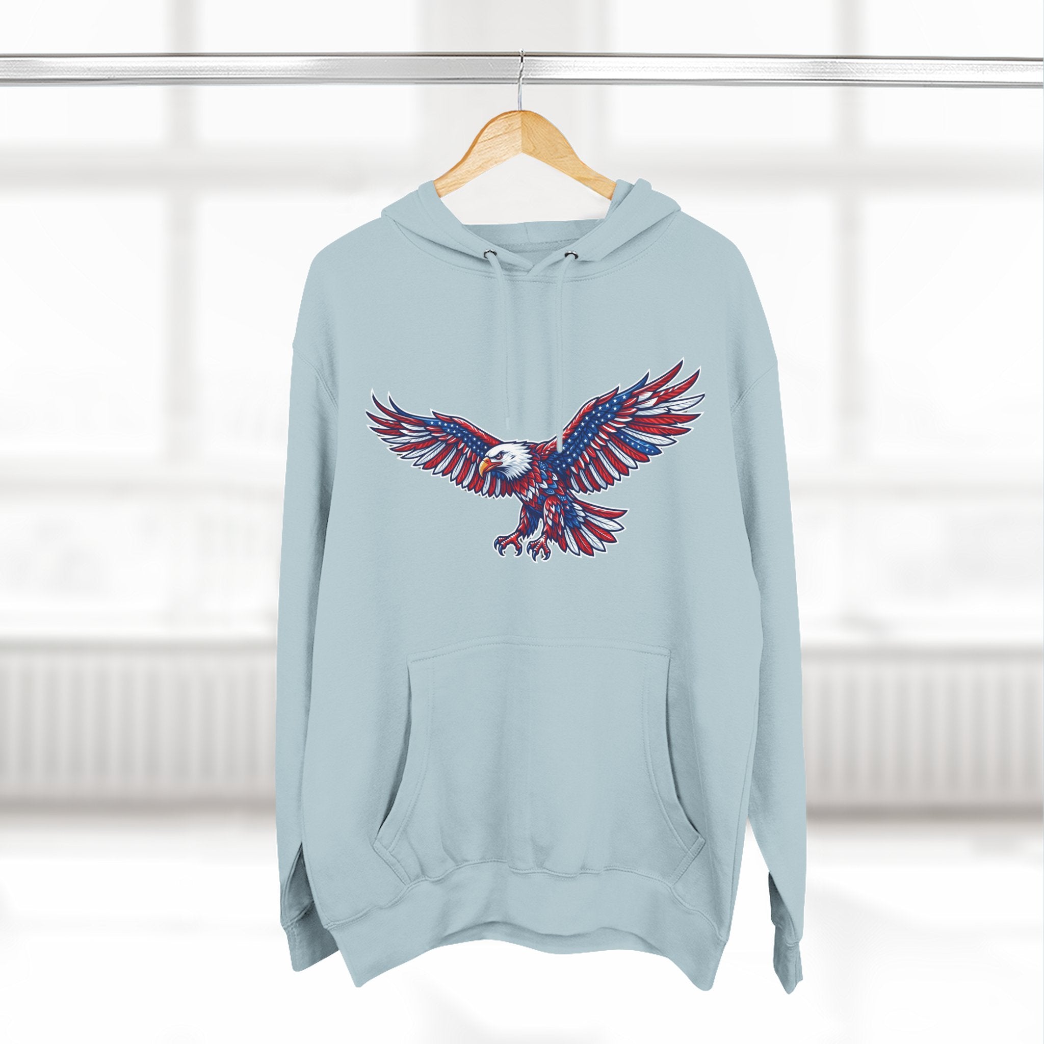 Eagle Flight Hoodie — Patriotic Red & Blue Soaring Eagle Graphic