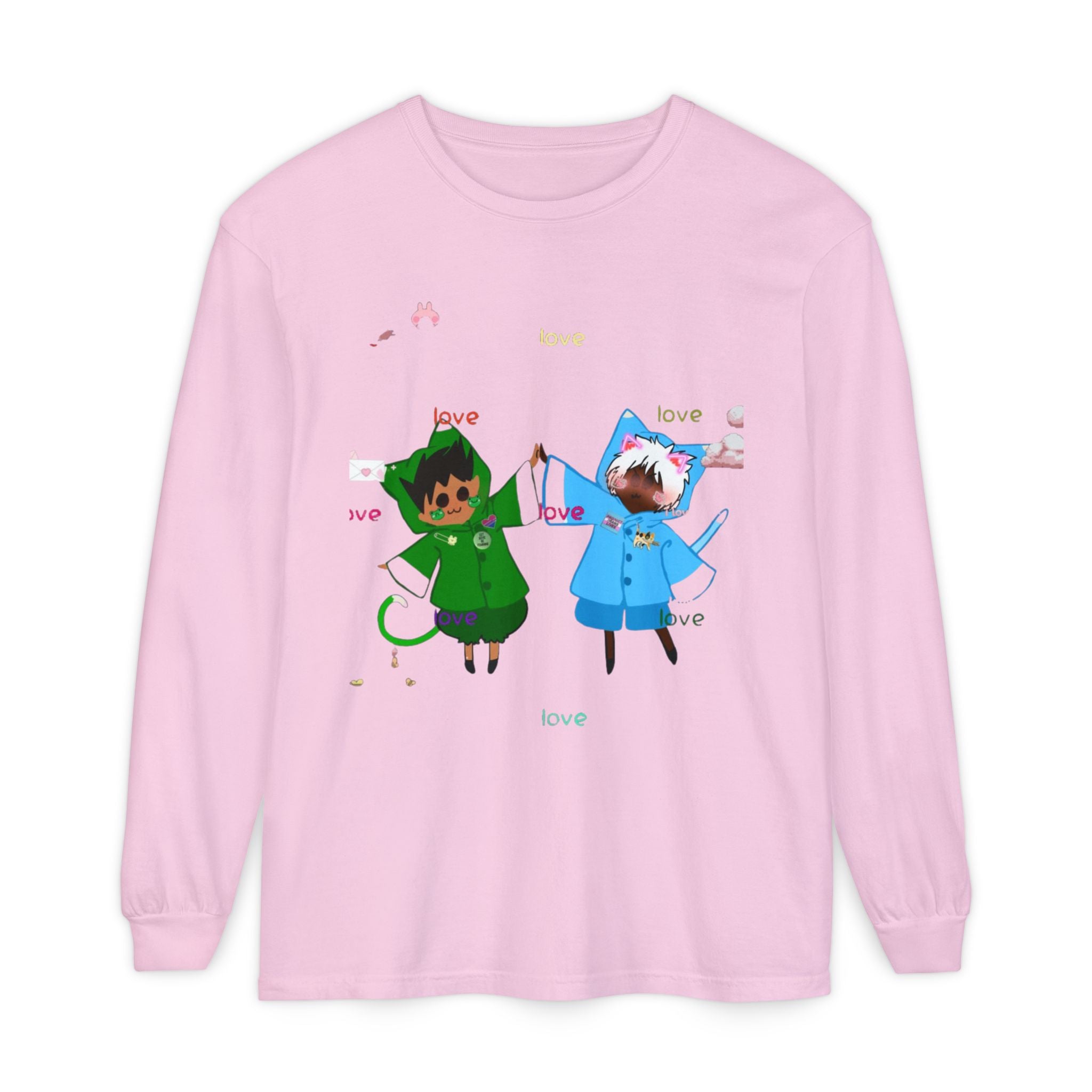 Cute Rainbow Cats Holding Hands Long Sleeve Tee – "Love" Graphic