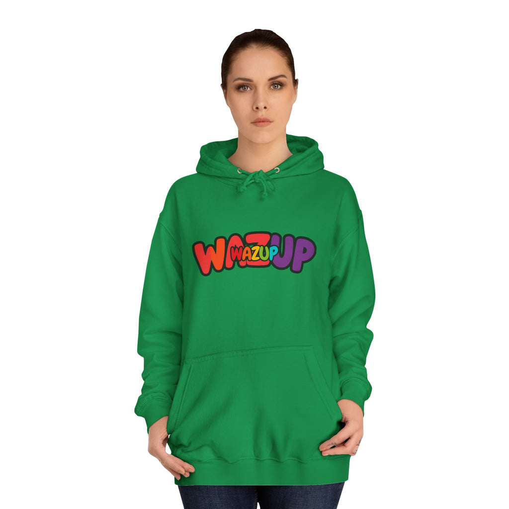 Wazup Colorburst Hoodie — Retro Bubble Letter Graphic Hooded Sweatshirt