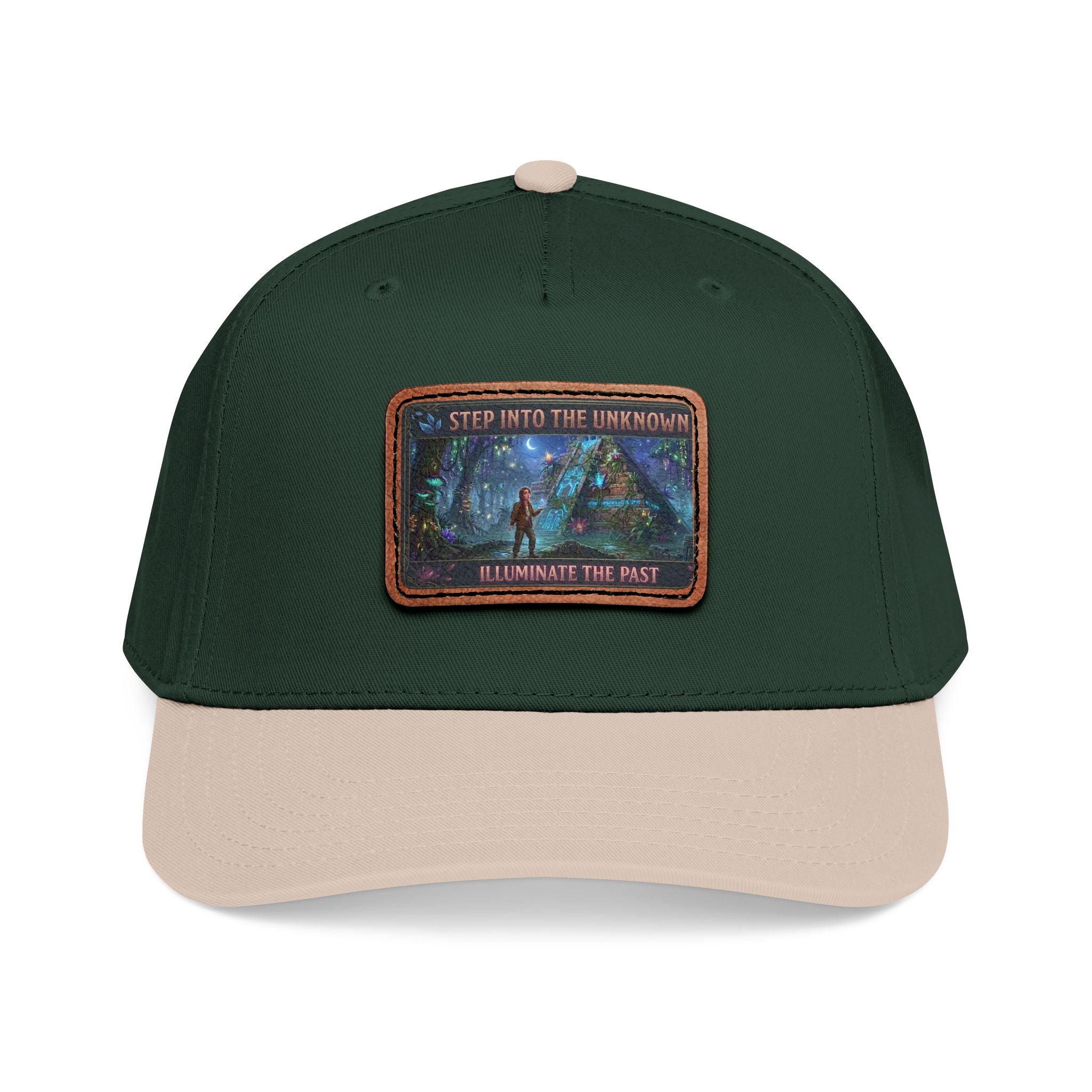 Leather Patch Baseball Cap — "Step Into the Unknown, Illuminate the Past" Forest Adventure Design