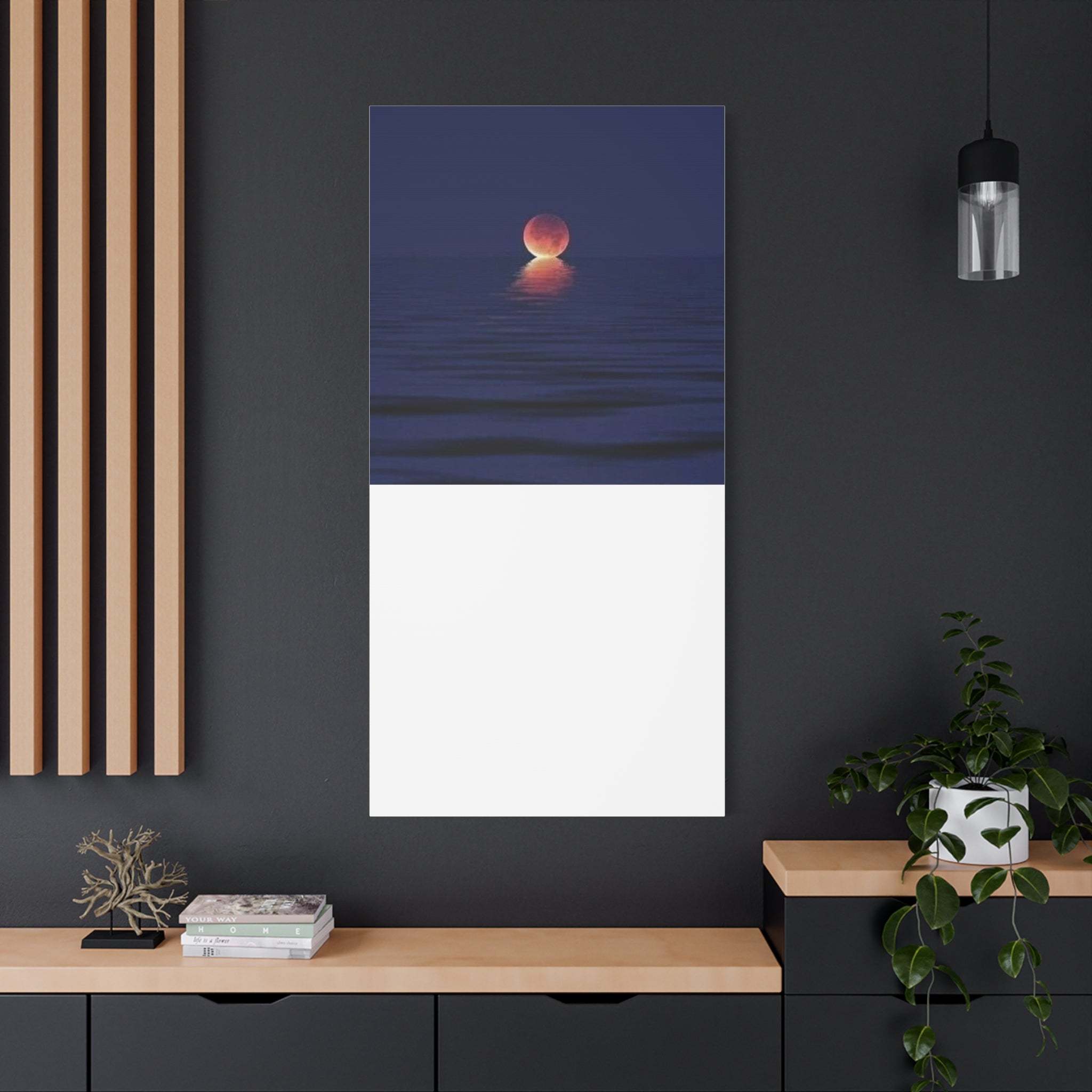 Lunar Reflection Canvas Art — Moonrise Over Calm Sea Stretched Matte Wall Art
