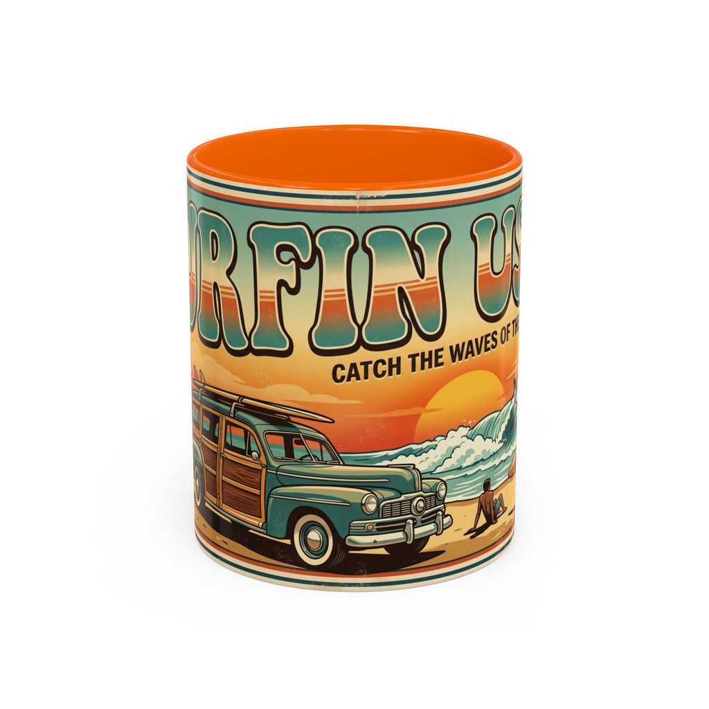 Surfing USA Coffee Mug — Retro Beach Vintage Surfboard Sunset Design