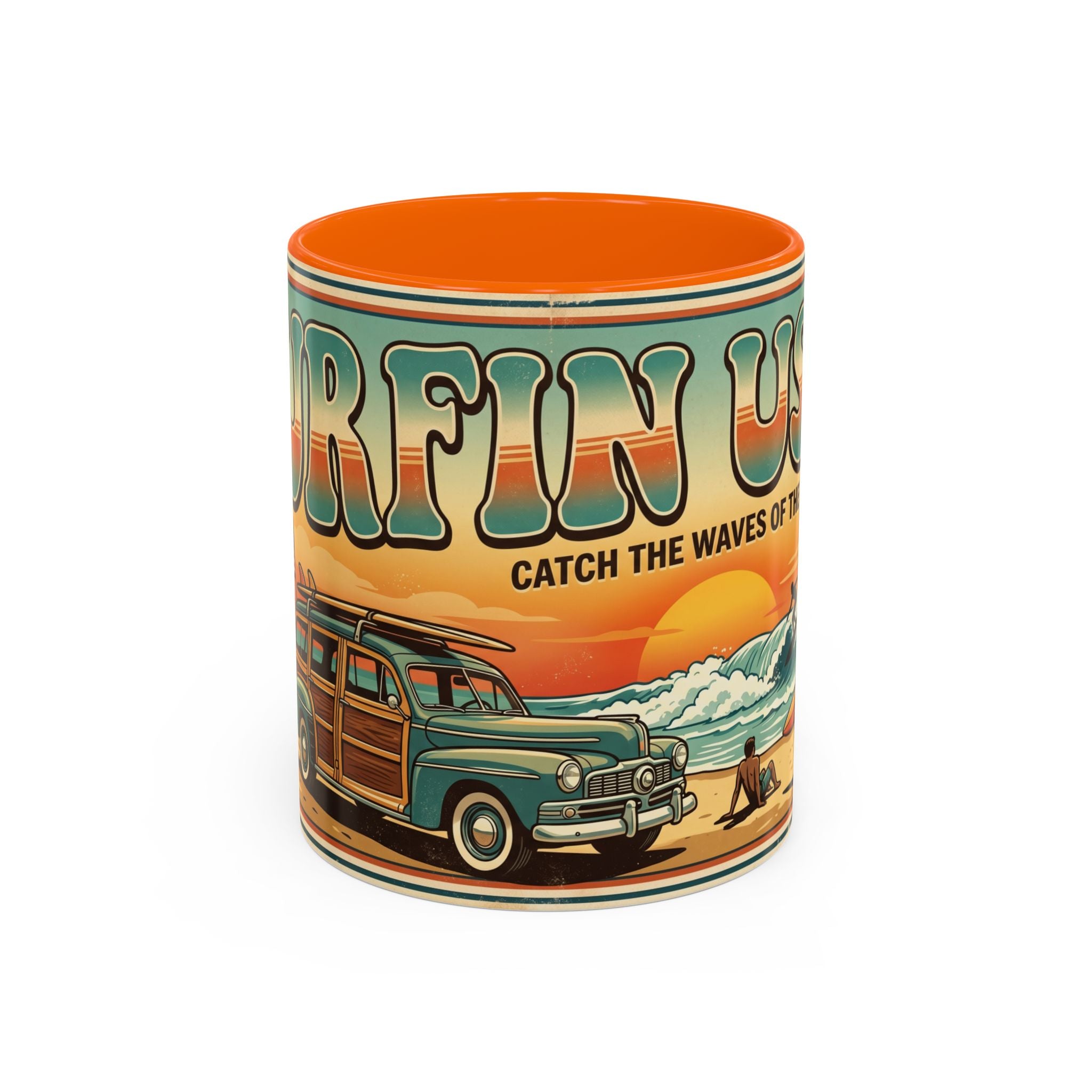 Surfing USA Coffee Mug — Retro Beach Vintage Surfboard Sunset Design