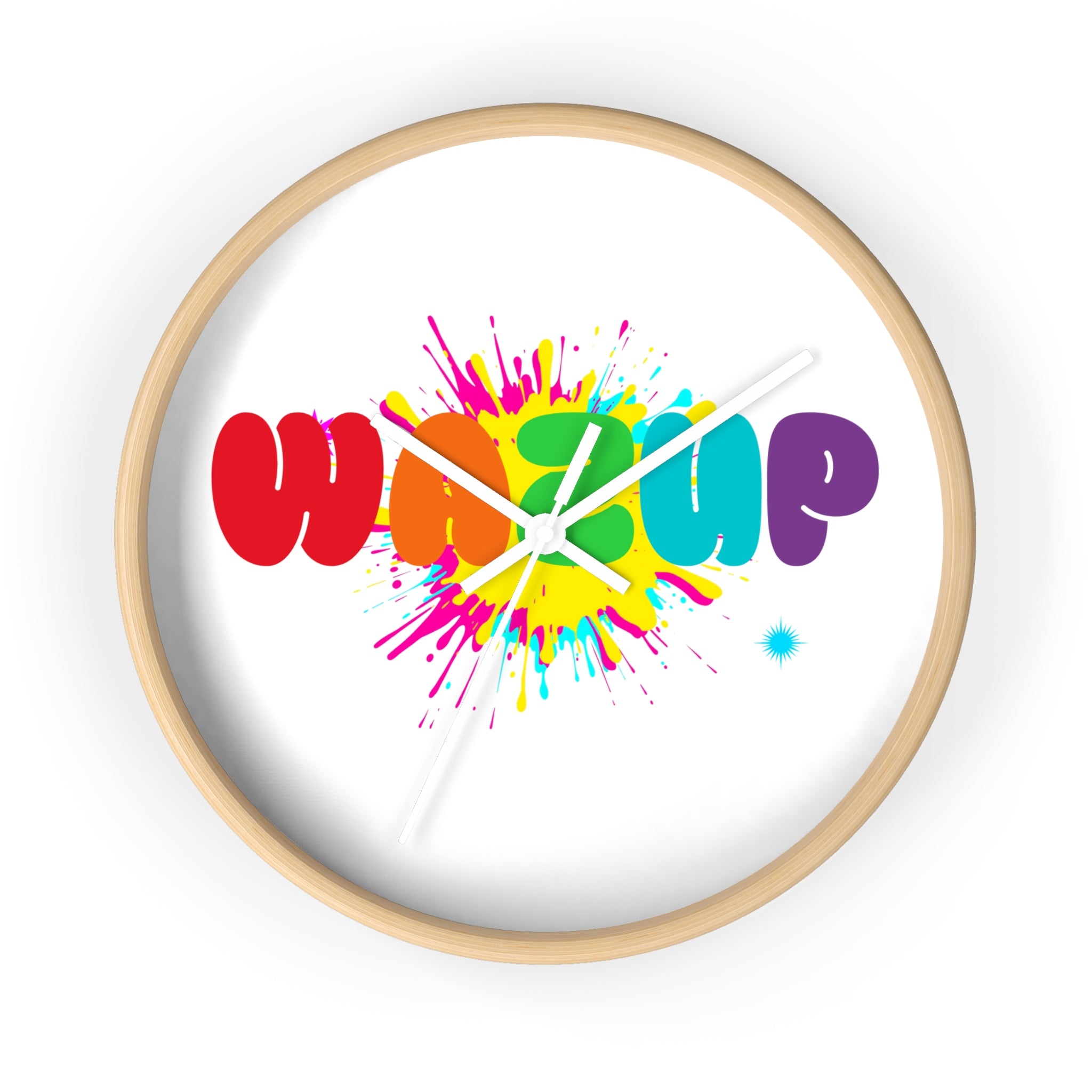 Wake Up Color Splash Wall Clock — Vibrant Rainbow Typography Home Decor
