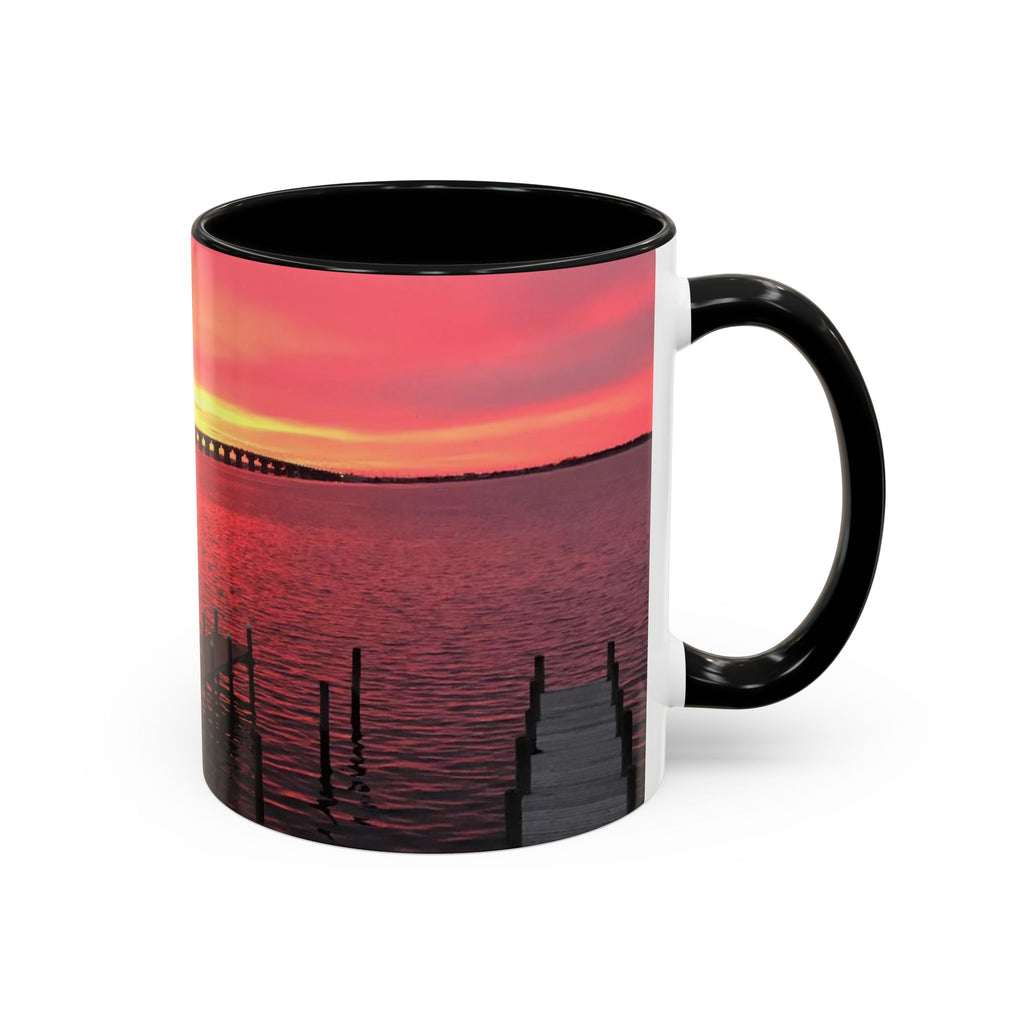 Sunset Harbor Accent Coffee Mug — Pink Sunrise Dock Scene (11/15oz)