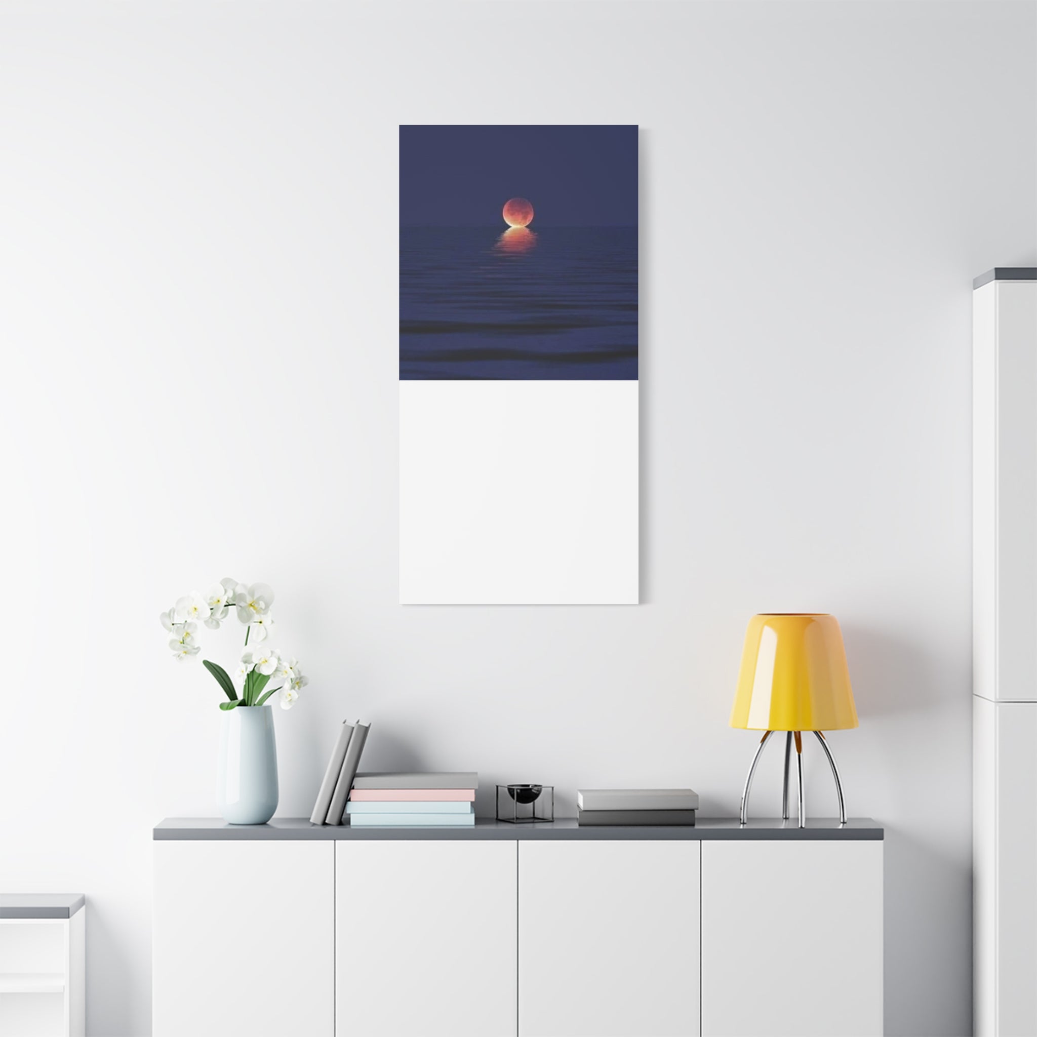 Lunar Reflection Canvas Art — Moonrise Over Calm Sea Stretched Matte Wall Art
