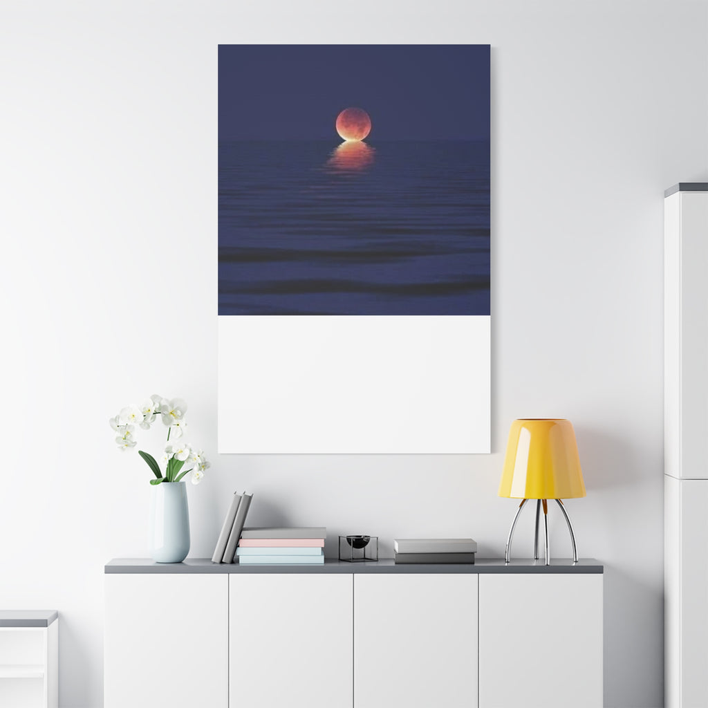 Lunar Reflection Canvas Art — Moonrise Over Calm Sea Stretched Matte Wall Art