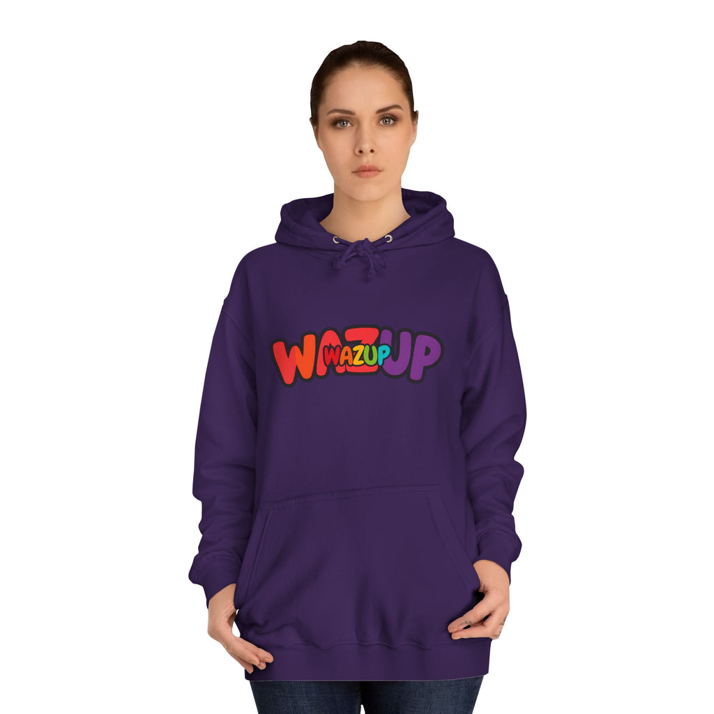 Wazup Colorburst Hoodie — Retro Bubble Letter Graphic Hooded Sweatshirt