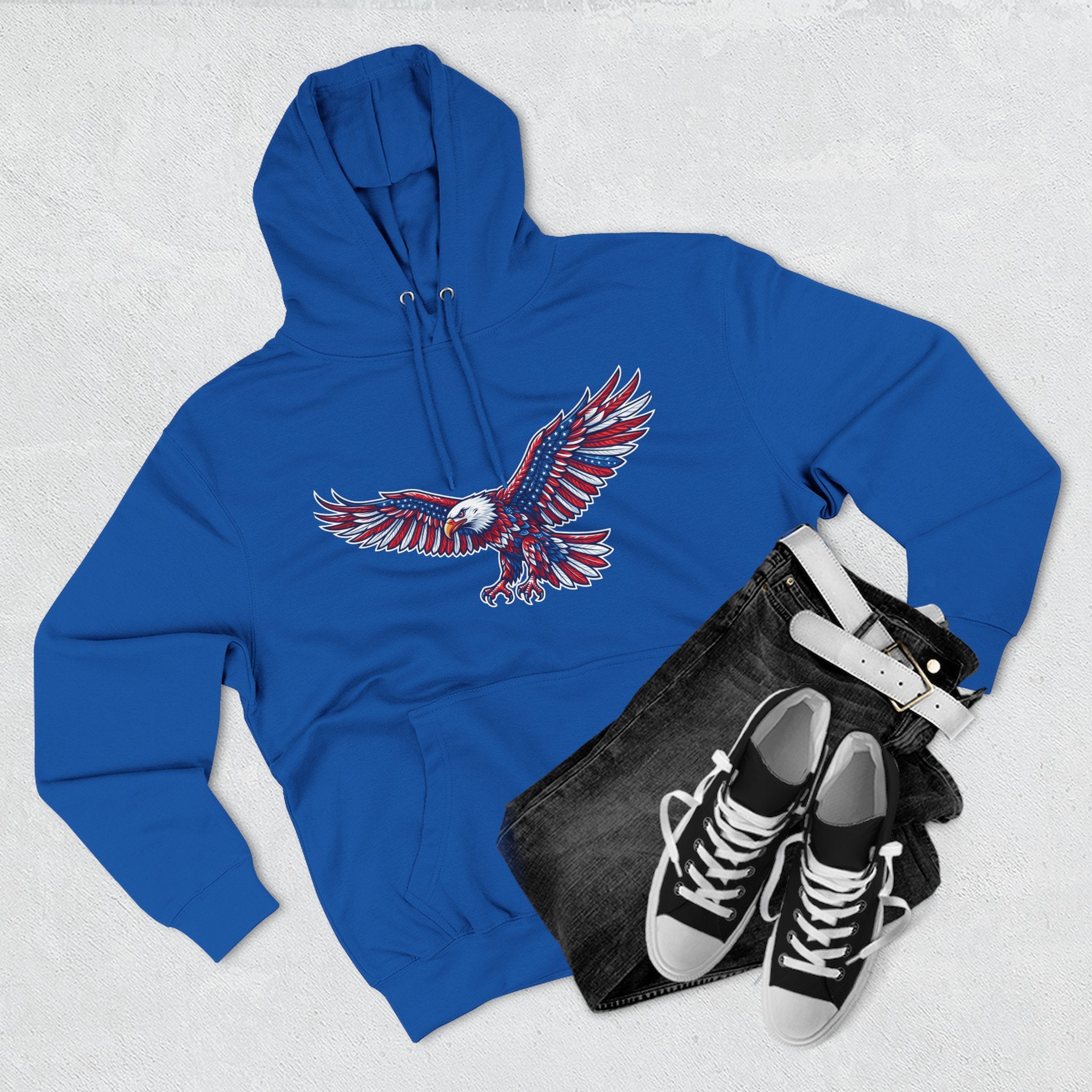 Eagle Flight Hoodie — Patriotic Red & Blue Soaring Eagle Graphic