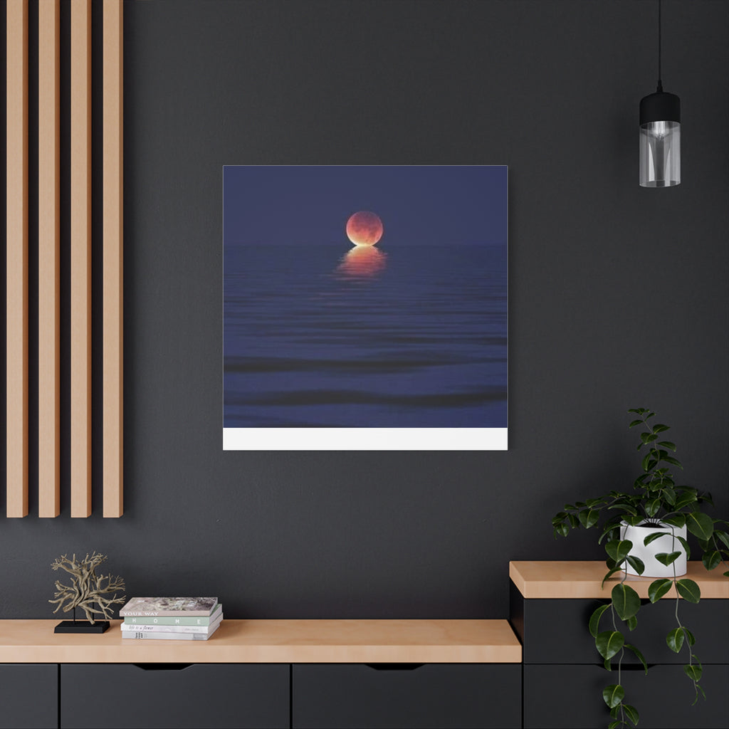 Lunar Reflection Canvas Art — Moonrise Over Calm Sea Stretched Matte Wall Art