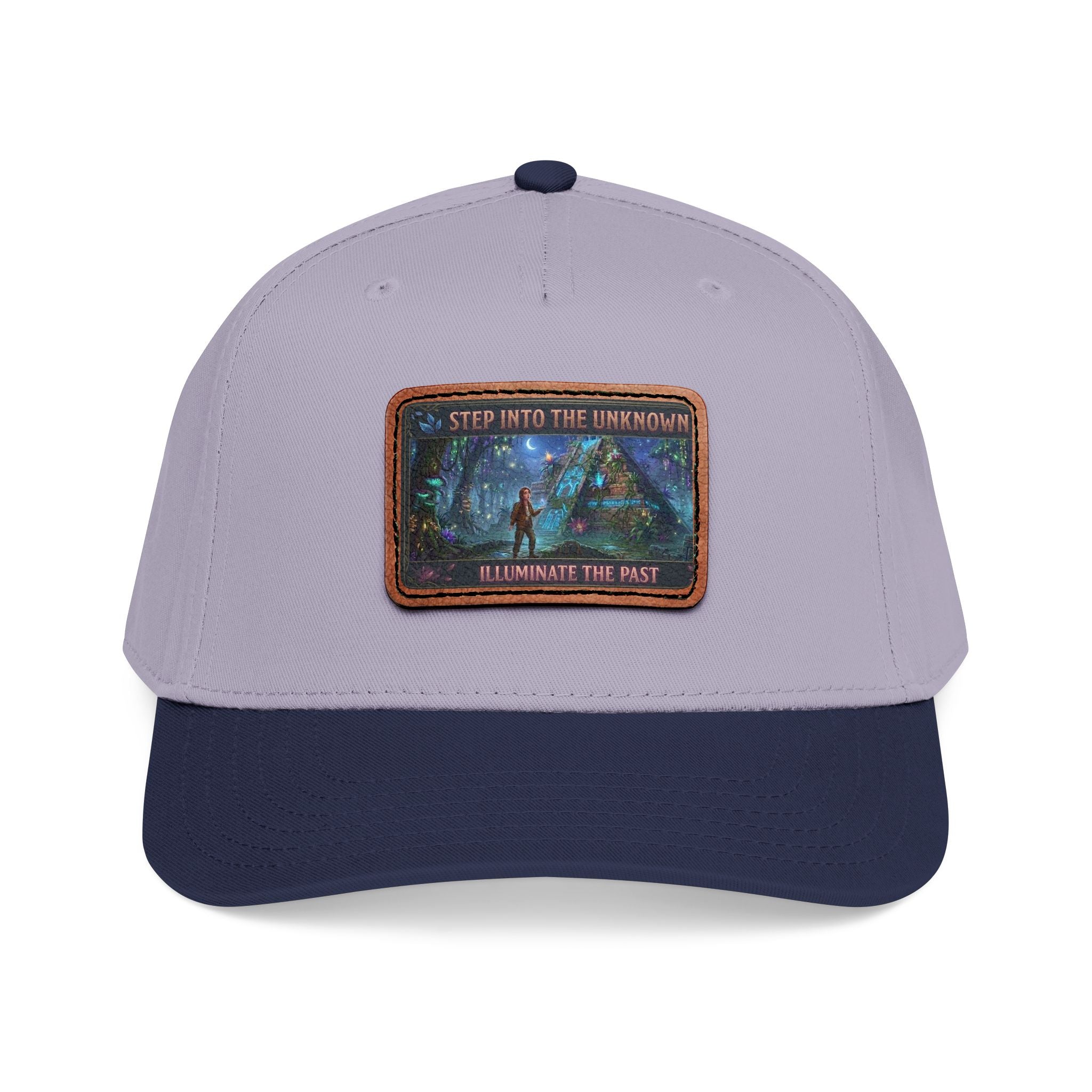 Leather Patch Baseball Cap — "Step Into the Unknown, Illuminate the Past" Forest Adventure Design
