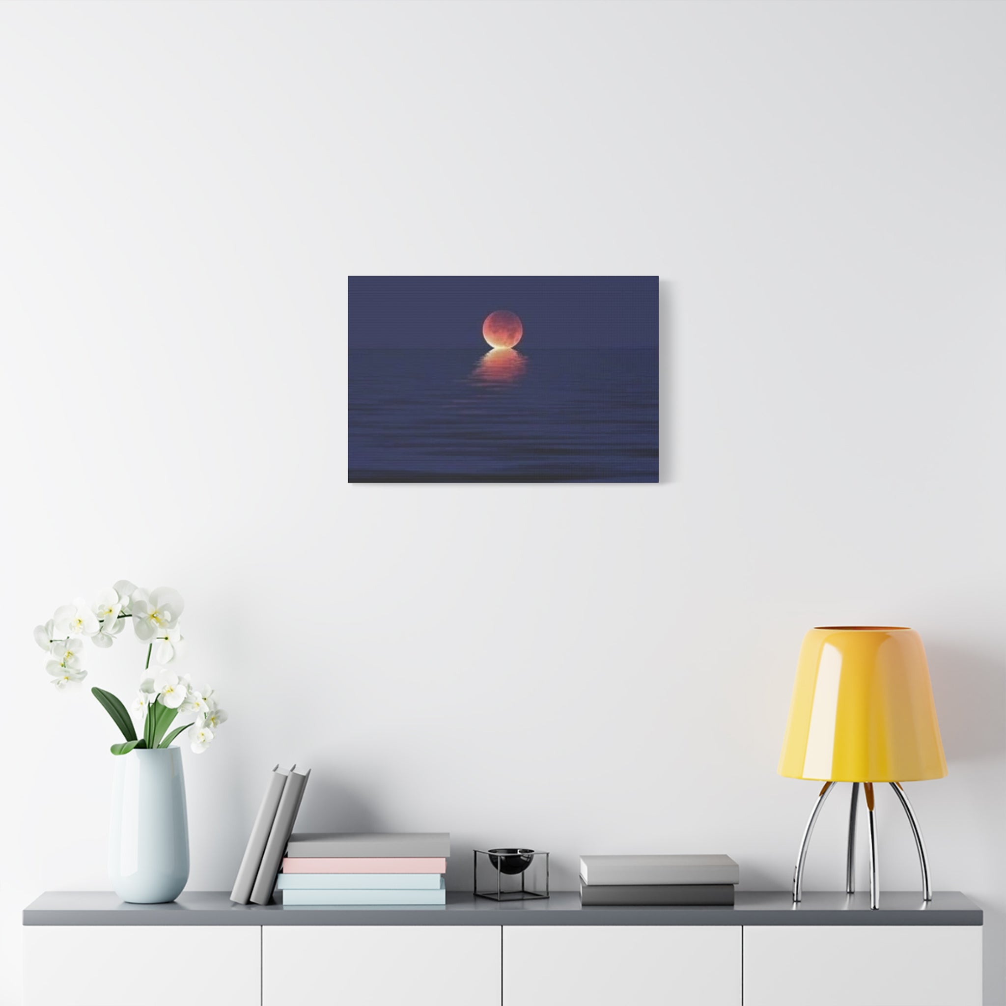 Lunar Reflection Canvas Art — Moonrise Over Calm Sea Stretched Matte Wall Art