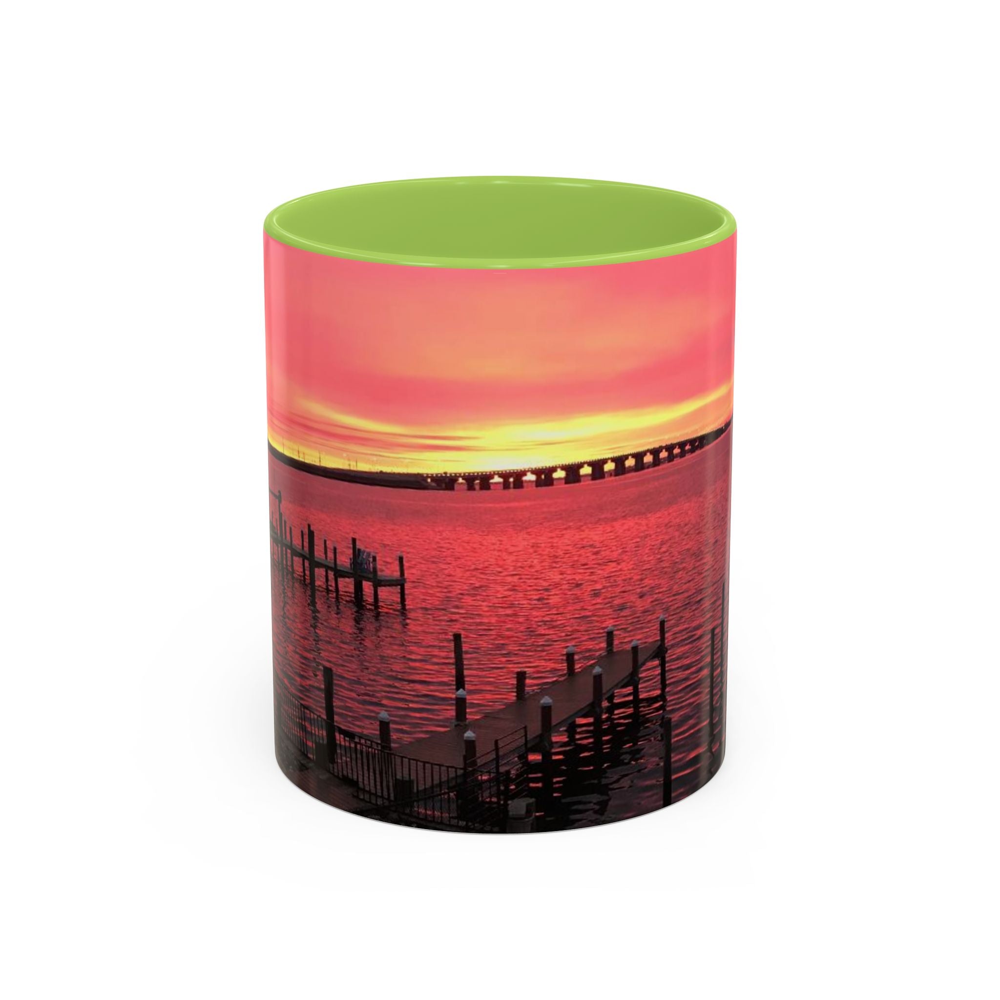 Sunset Harbor Accent Coffee Mug — Pink Sunrise Dock Scene (11/15oz)
