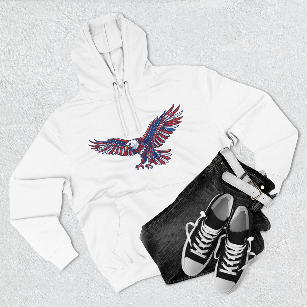 Eagle Flight Hoodie — Patriotic Red & Blue Soaring Eagle Graphic