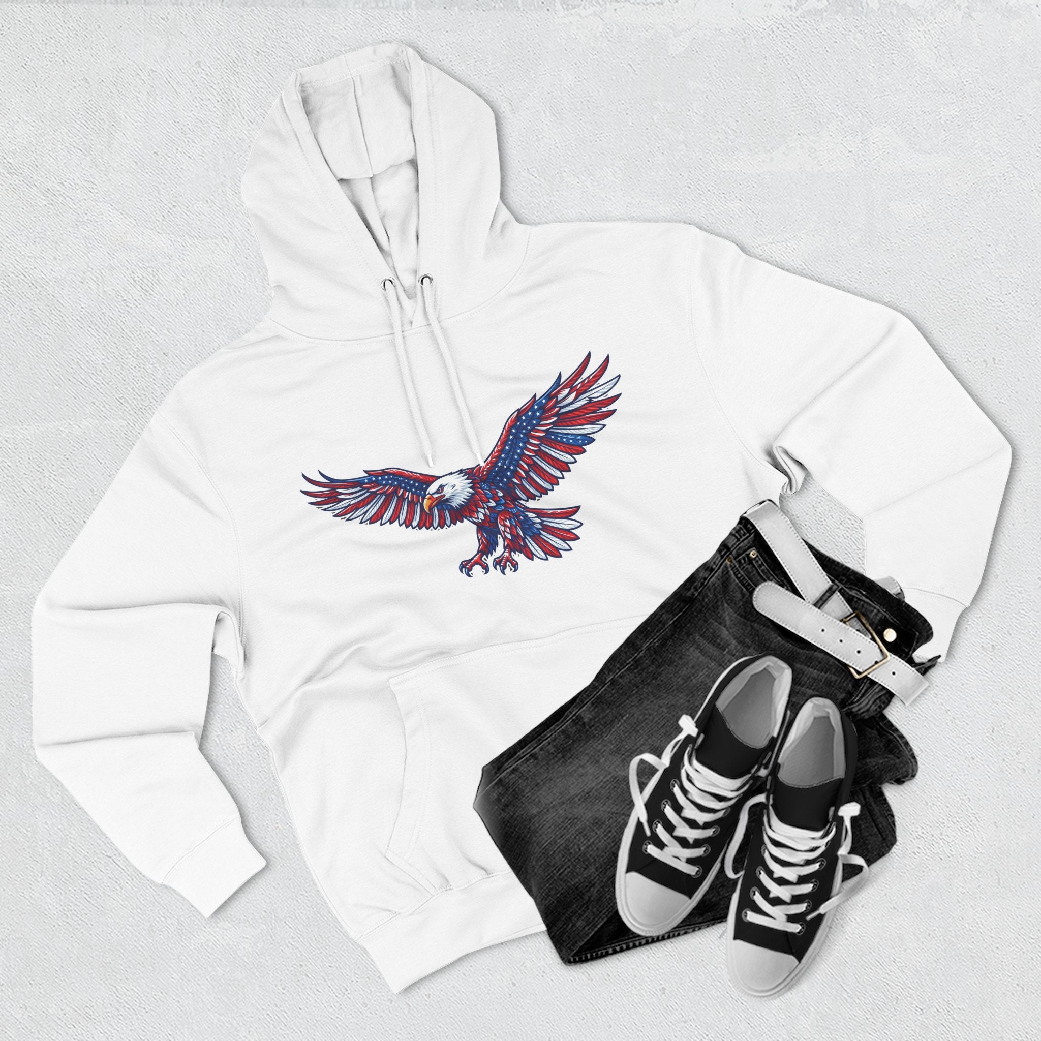 Eagle Flight Hoodie — Patriotic Red & Blue Soaring Eagle Graphic