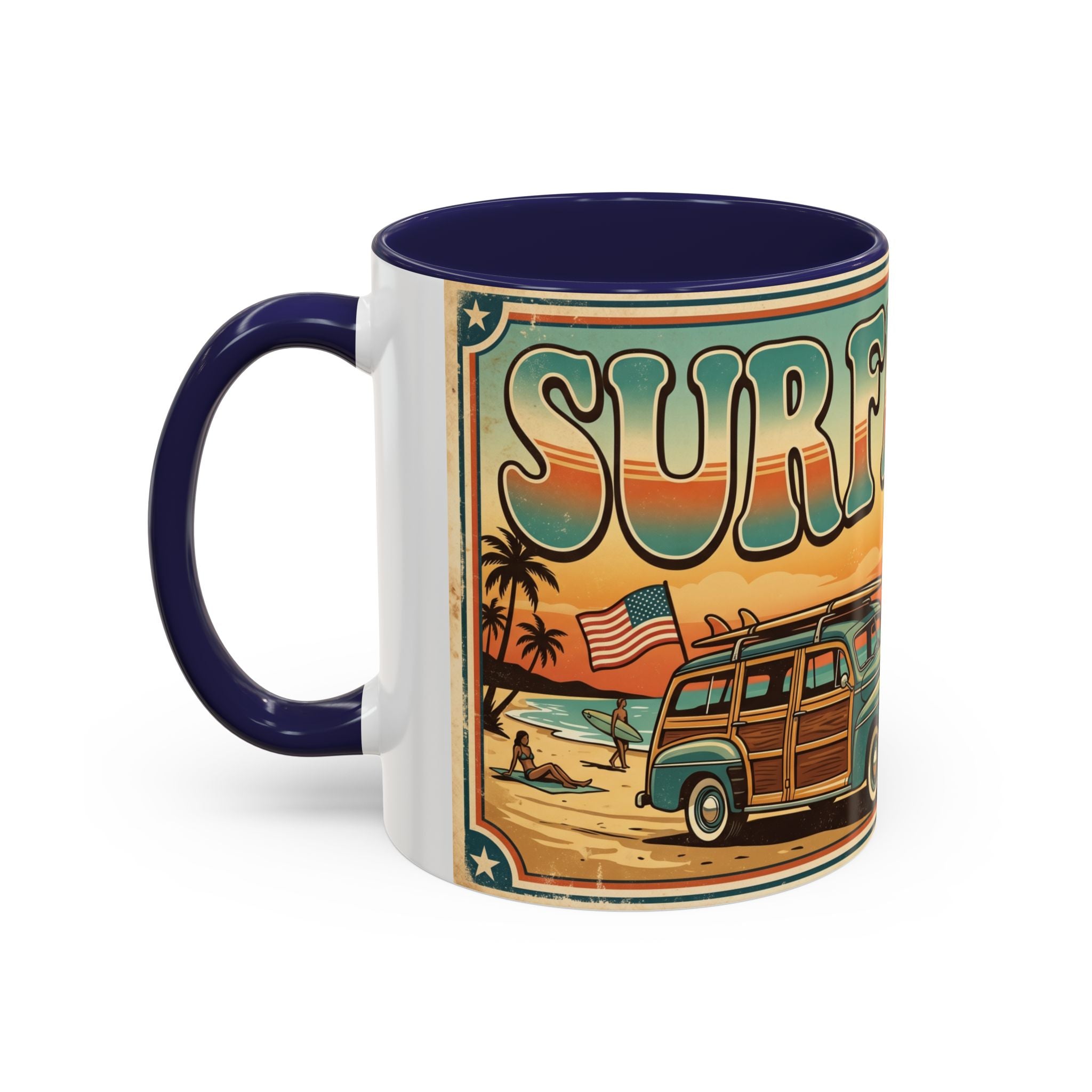 Surfing USA Coffee Mug — Retro Beach Vintage Surfboard Sunset Design