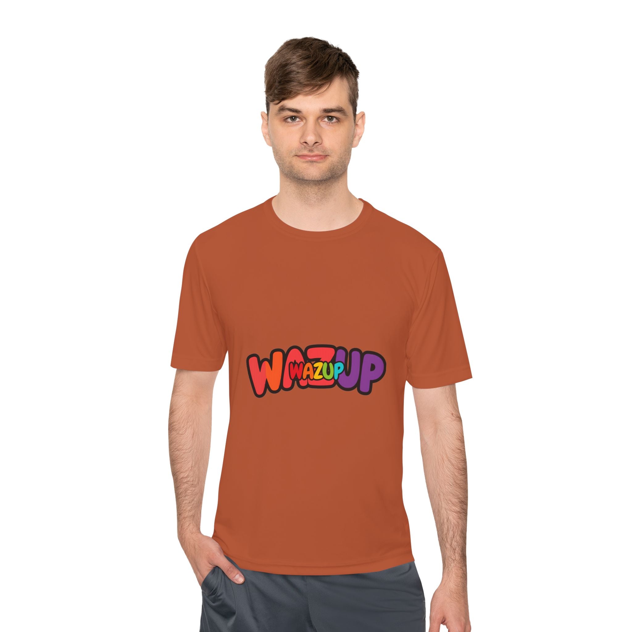 Wazup Colorblock Graphic Tee — Retro Pop 'Wazup' Moisture-Wicking Shirt