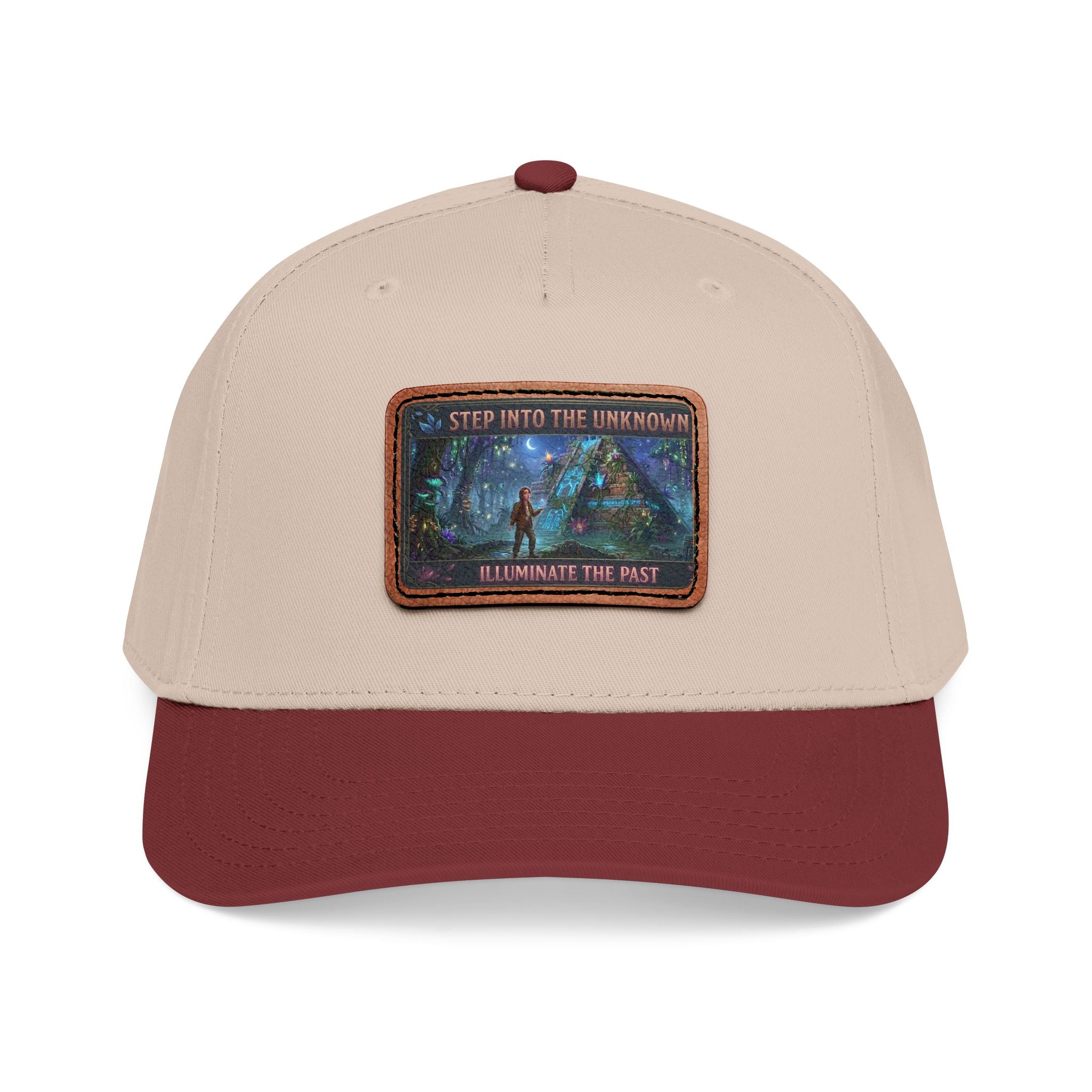 Leather Patch Baseball Cap — "Step Into the Unknown, Illuminate the Past" Forest Adventure Design