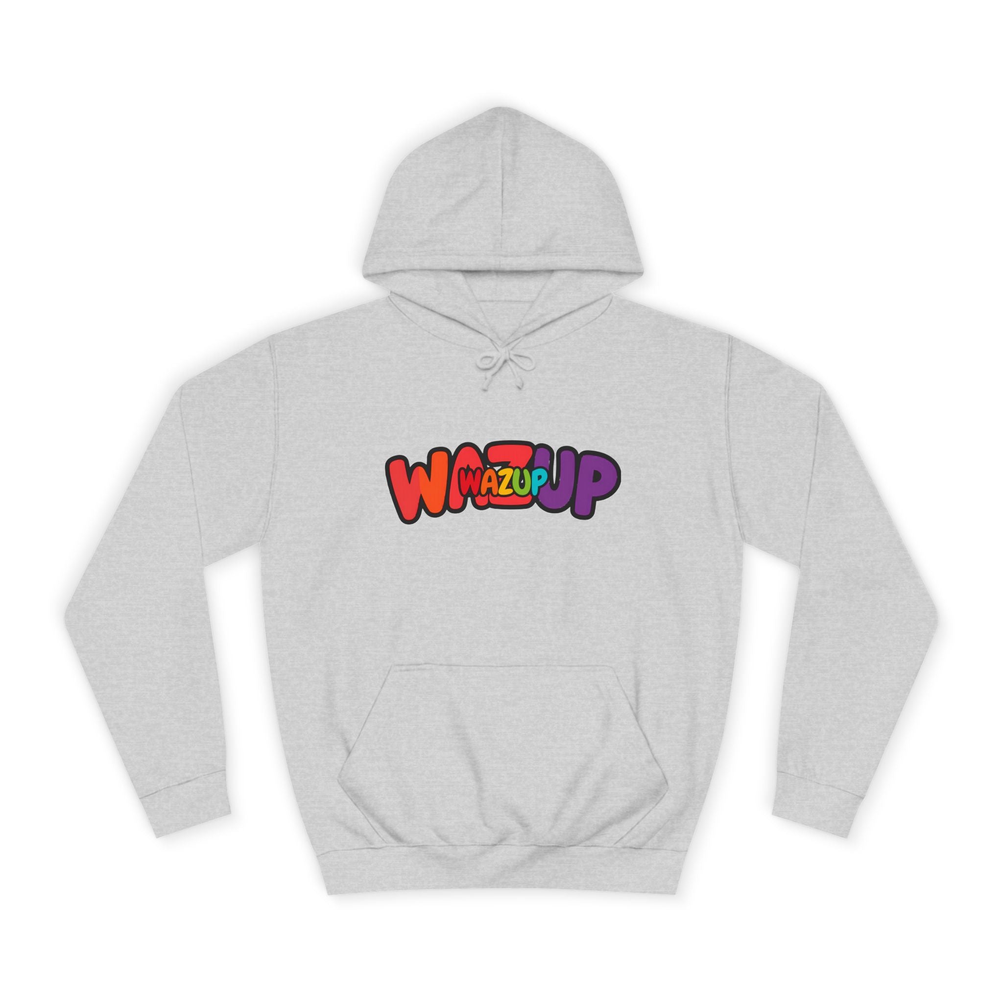 Wazup Colorburst Hoodie — Retro Bubble Letter Graphic Hooded Sweatshirt