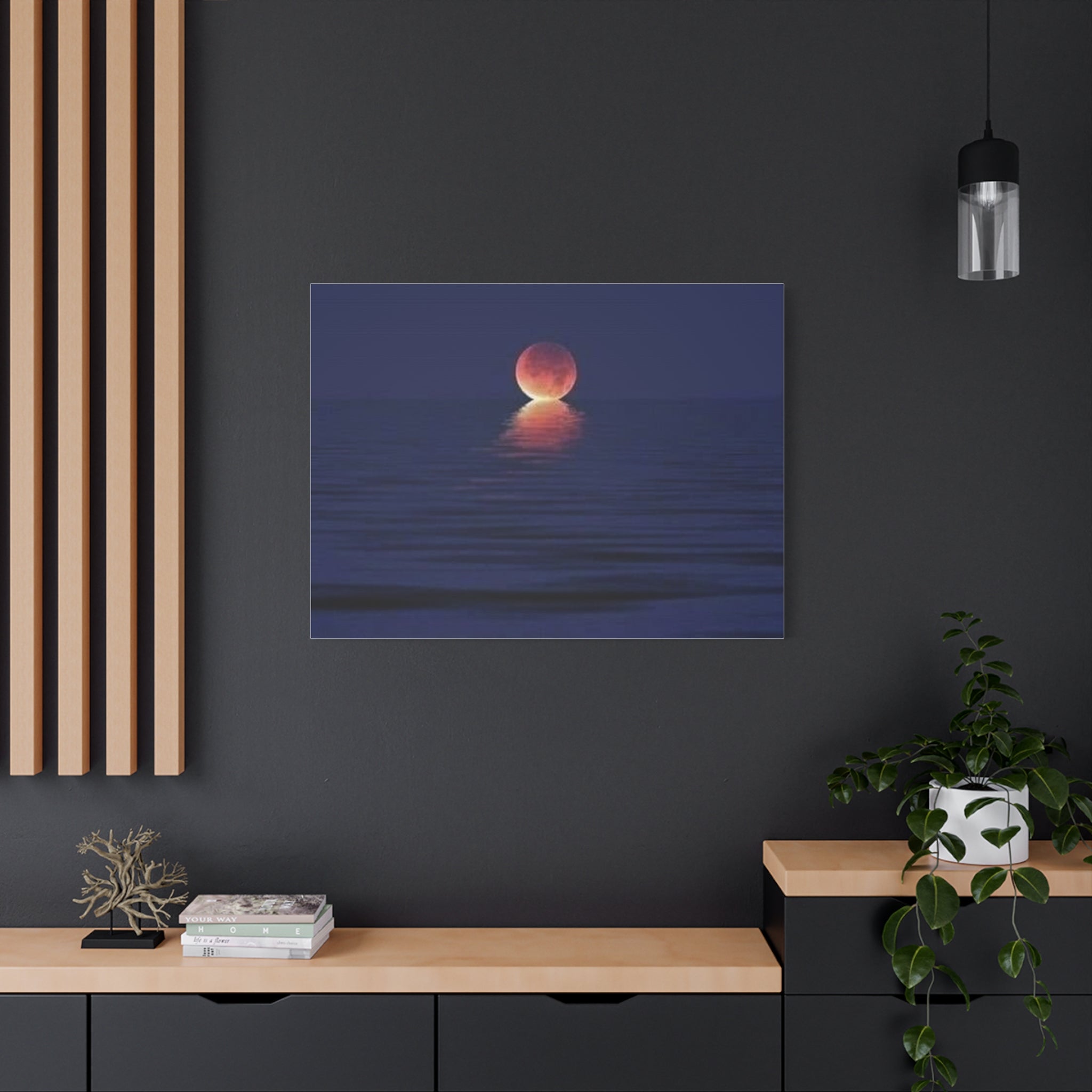 Lunar Reflection Canvas Art — Moonrise Over Calm Sea Stretched Matte Wall Art