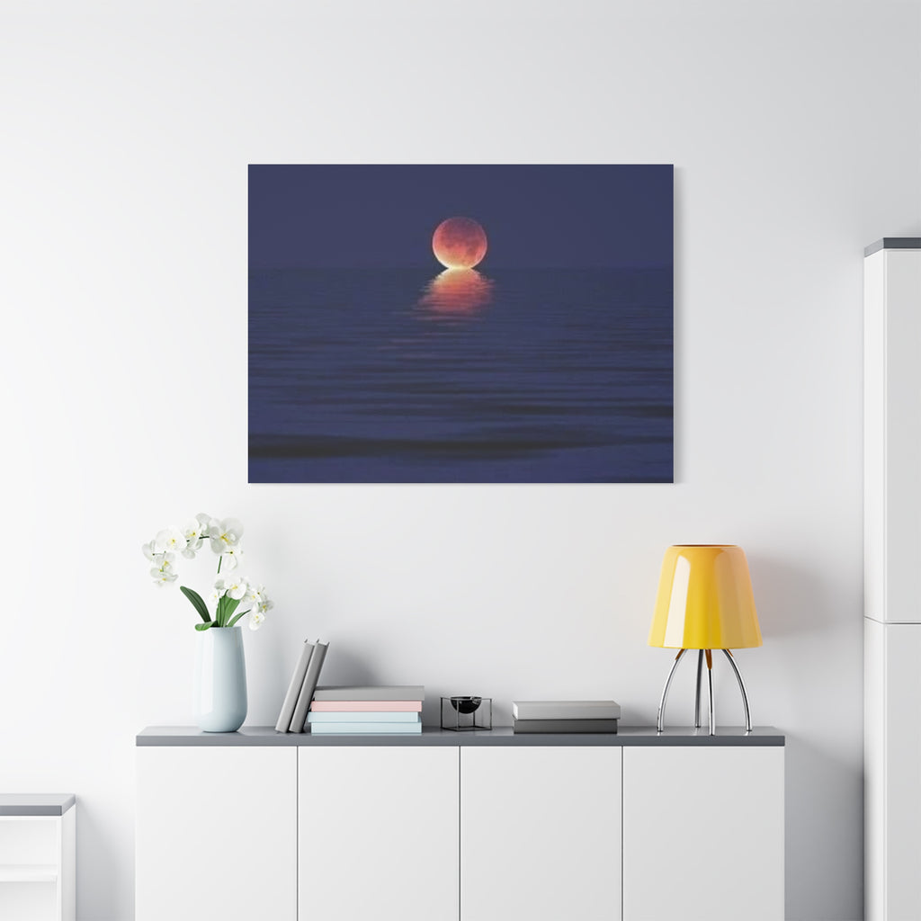Lunar Reflection Canvas Art — Moonrise Over Calm Sea Stretched Matte Wall Art